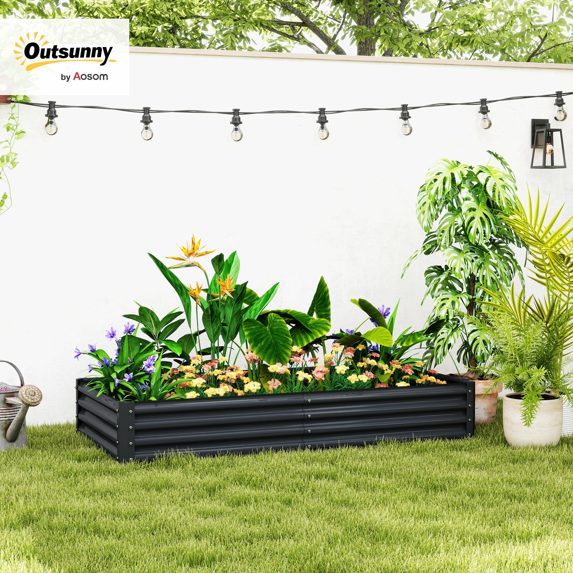 Outsunny Jardinera Elevada de Acero Galvanizado Huerto Urbano para Cultivar Plantas Flores Hierba Macetero Grande Exterior Rectangular con Fondo Abierto 180x90x30 cm Gris Oscuro