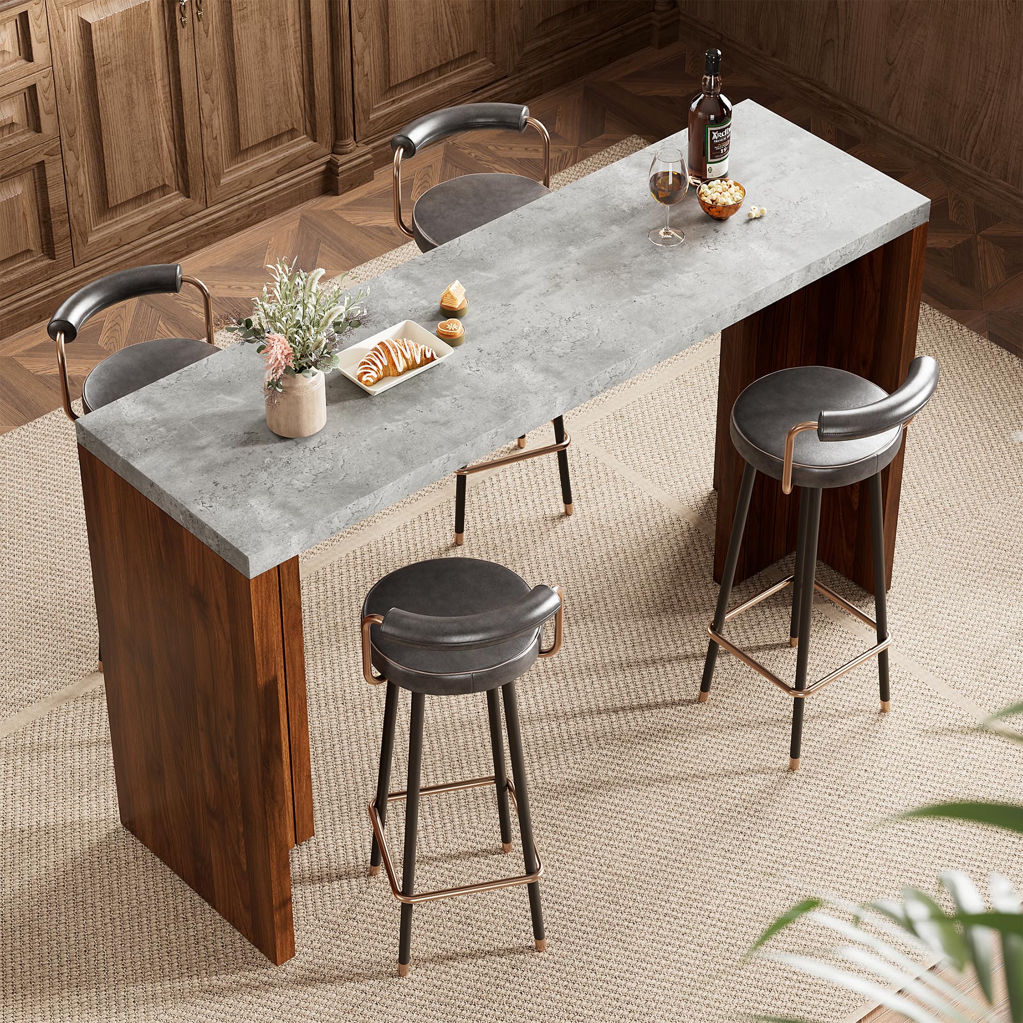 Bar Table for 4-6 People - 55" Long Counter Height Pub with Faux Marble Tabletop, Modern Rectangular Home Bar Coffee Unit for Kitchen, Dining Room,