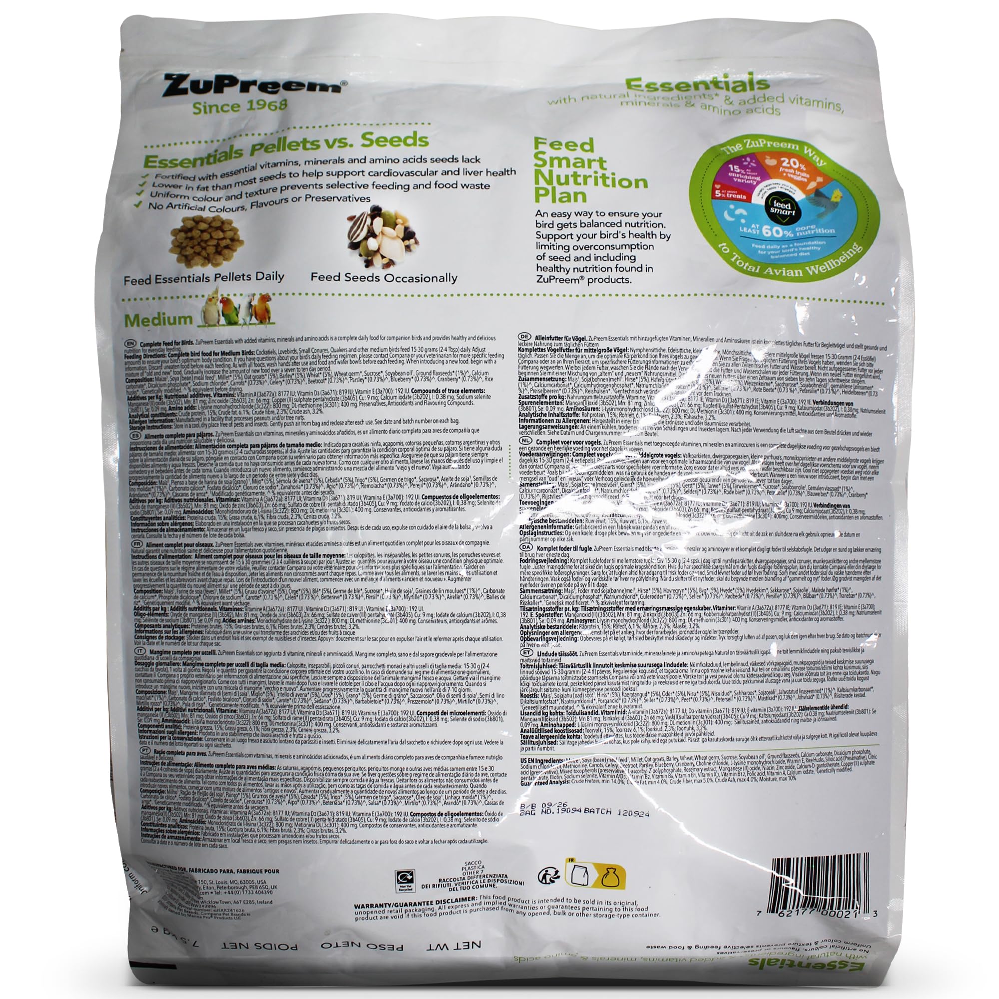 ZuPreem Essentials - Mangime per uccelli da compagnia, ingredienti naturali, mangime per uccelli indicato per agapornis, ninfe, You-Yous o arantigas e altri uccelli di medie dimensioni, 7,5 kg