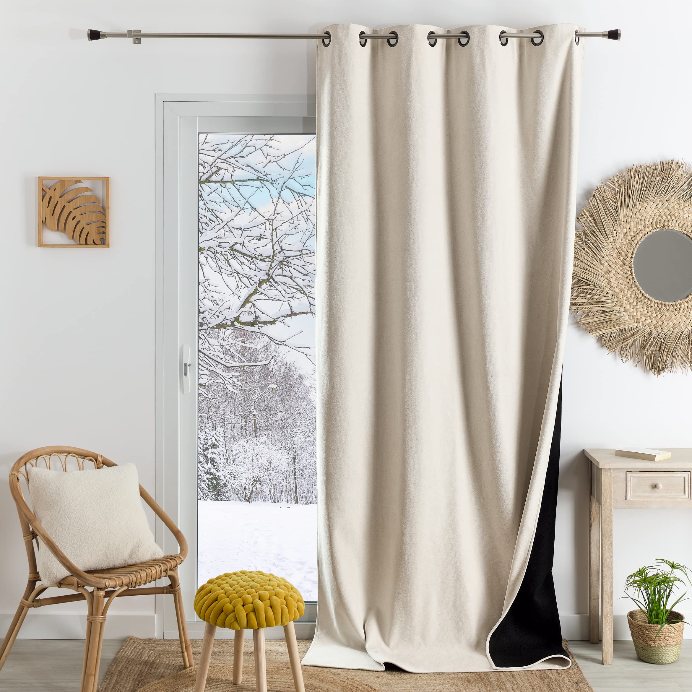 QABANE - Rideau Thermique Phonique et Semi Occultant KONFOR - Flanelle Polyester - Uni - Double Face - Isolation Thermique et Phonique - Réduction Bruit 5dB - Prêt à Poser - 140 x 260 cm - Blanc Cassé