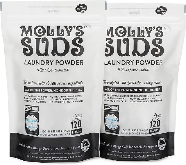Molly's Suds Original Laundry Detergent Powder - Natural Washing Powder, Earth Derived Powder Detergent - Non-Liquid Organic Washing Detergent, Sensitive Skin Laundry Detergent - 240 Loads, Unscented