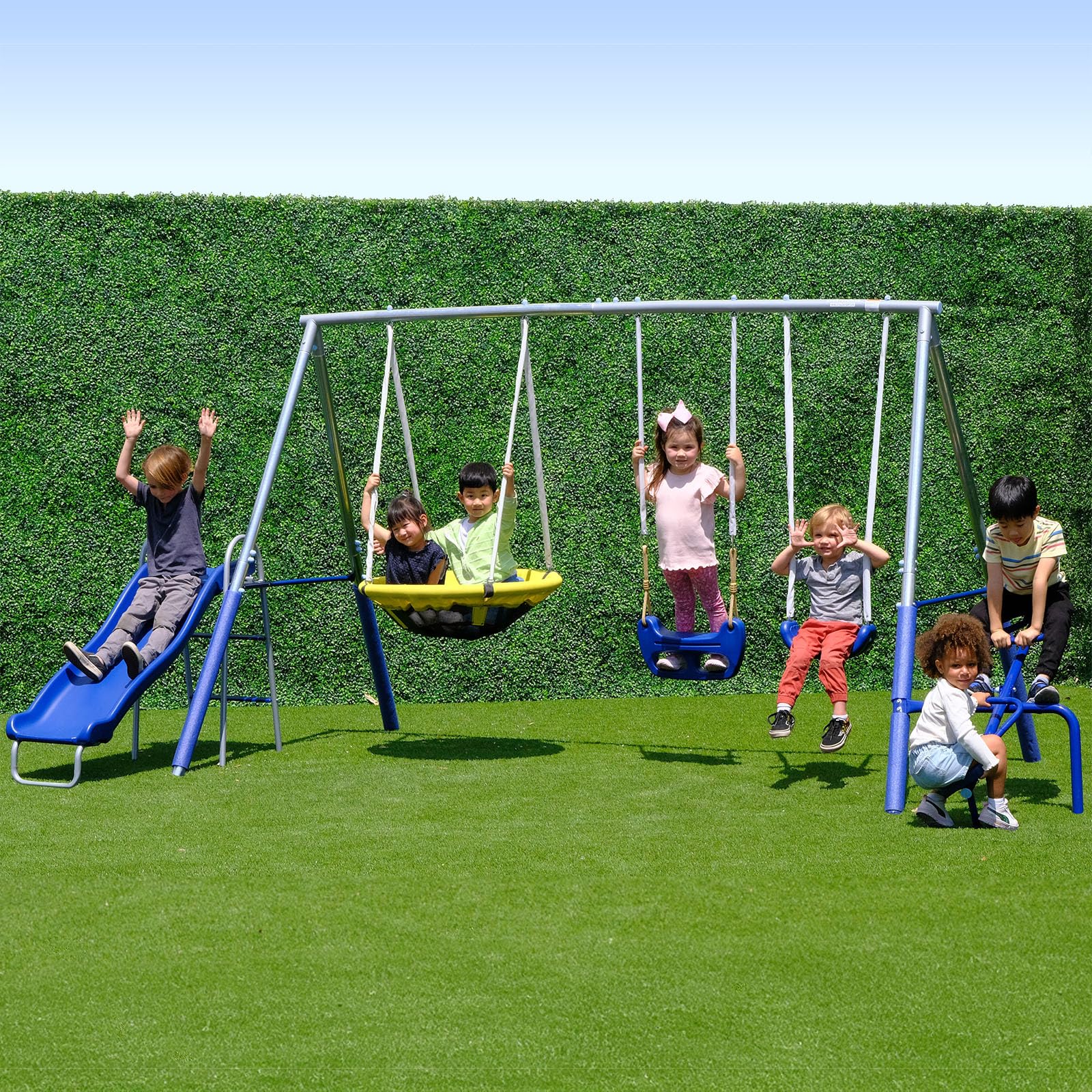 Sportspower Taylor 700lbs Galvanized Metal Swing Set for Kids for Backyard & Outdoors with Teeter-Totter, Saucer & Standing Swings, & 5ft Slide, 7.55' D × 13.88' W × 6.07' H, Bonus Anchor Kit