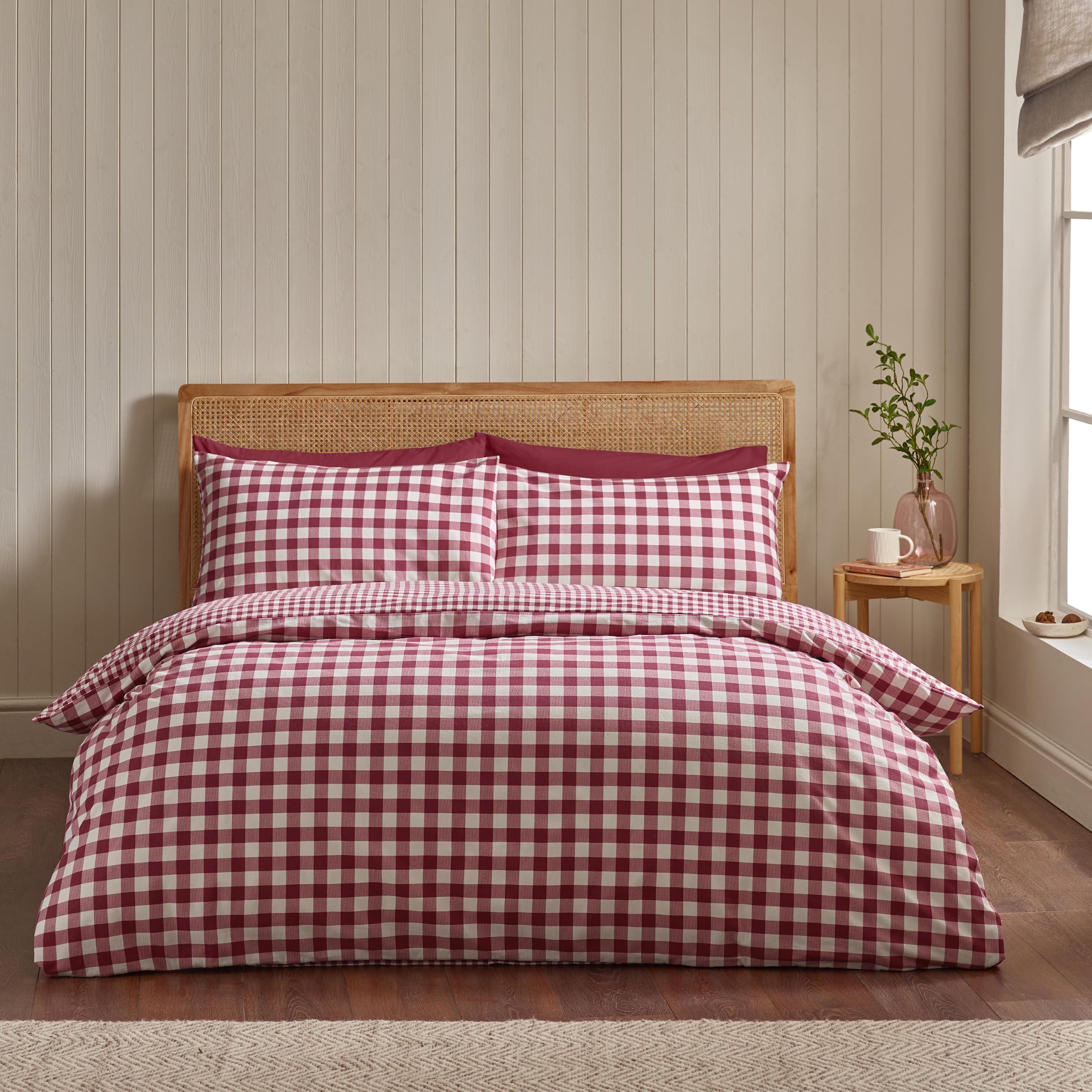 Catherine Lansfield Brushed Cotton Gingham Check Double Duvet Cover Set Burgundy