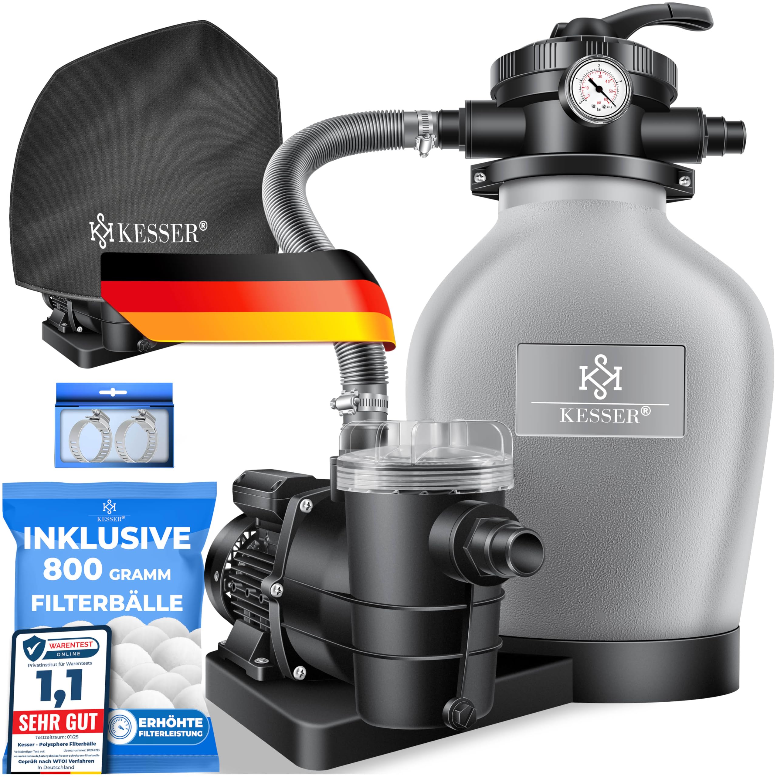 KESSER Sistema de filtro de arena + 700 g de bolas filtrantes reemplazan 25 kg Filtro de arena válvula de 7 vías con indicador de presión, filtro de piscina, 10 mġ/h tanque de filtro (gris)