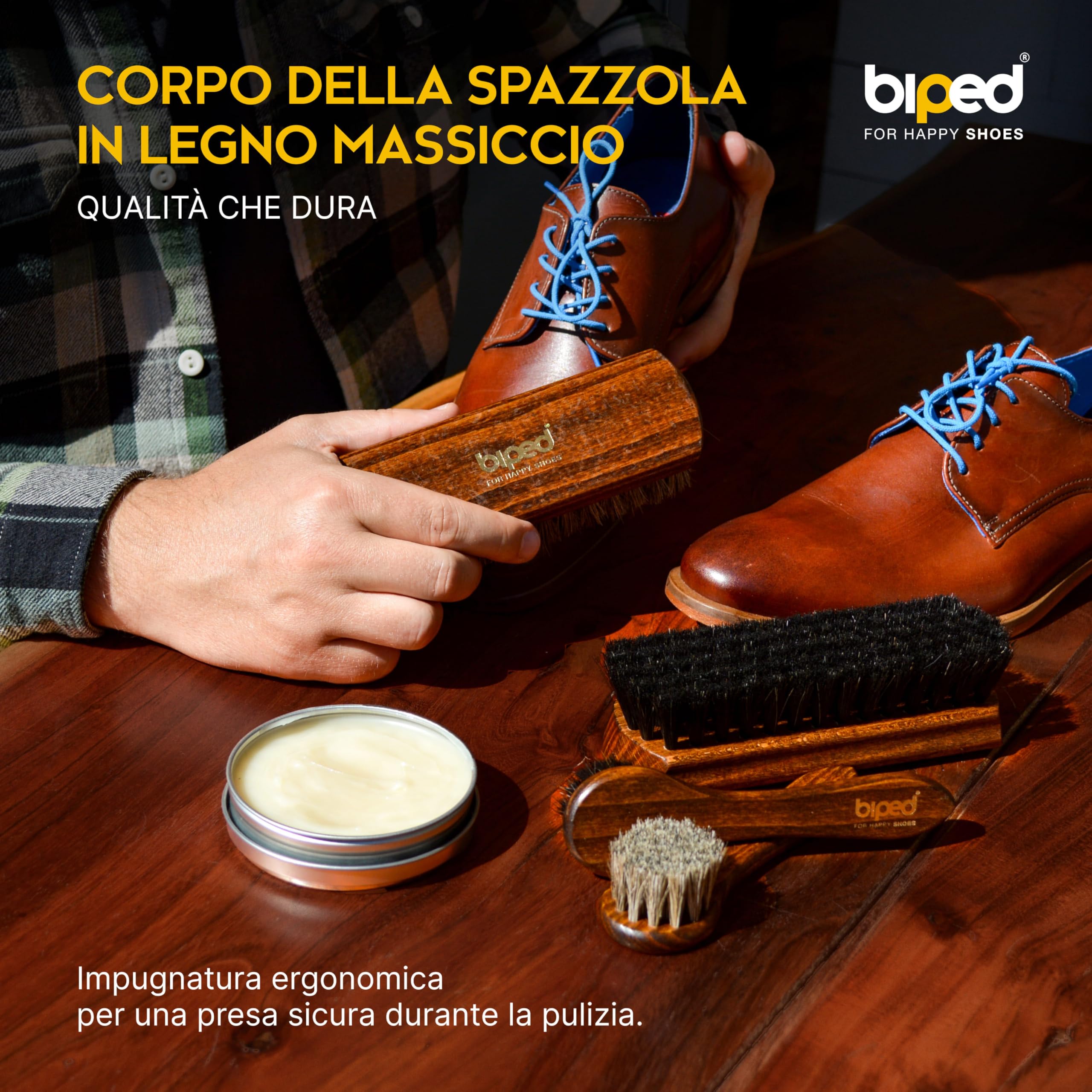biped Set 4 spazzole per scarpe Classic in legno di faggio – 2 per applicare la crema + 2 per lucidare in crine di cavallo – kit completo per la cura delle scarpe in cofanetto z2487