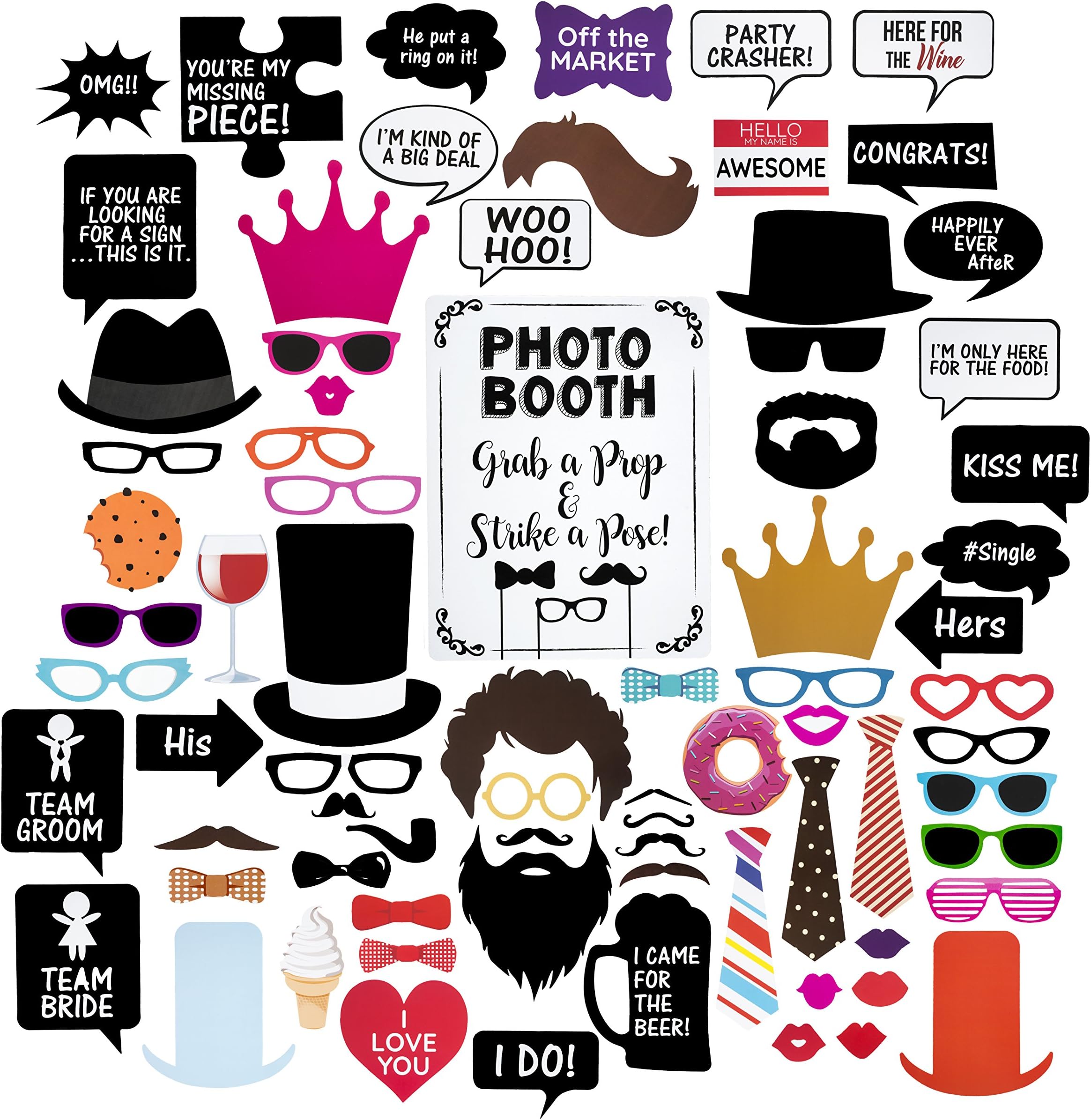 Wedding Photo Booth Props - Set with Chalkboard Style White Sign, Wooden Sticks and Stand - 75 Pieces