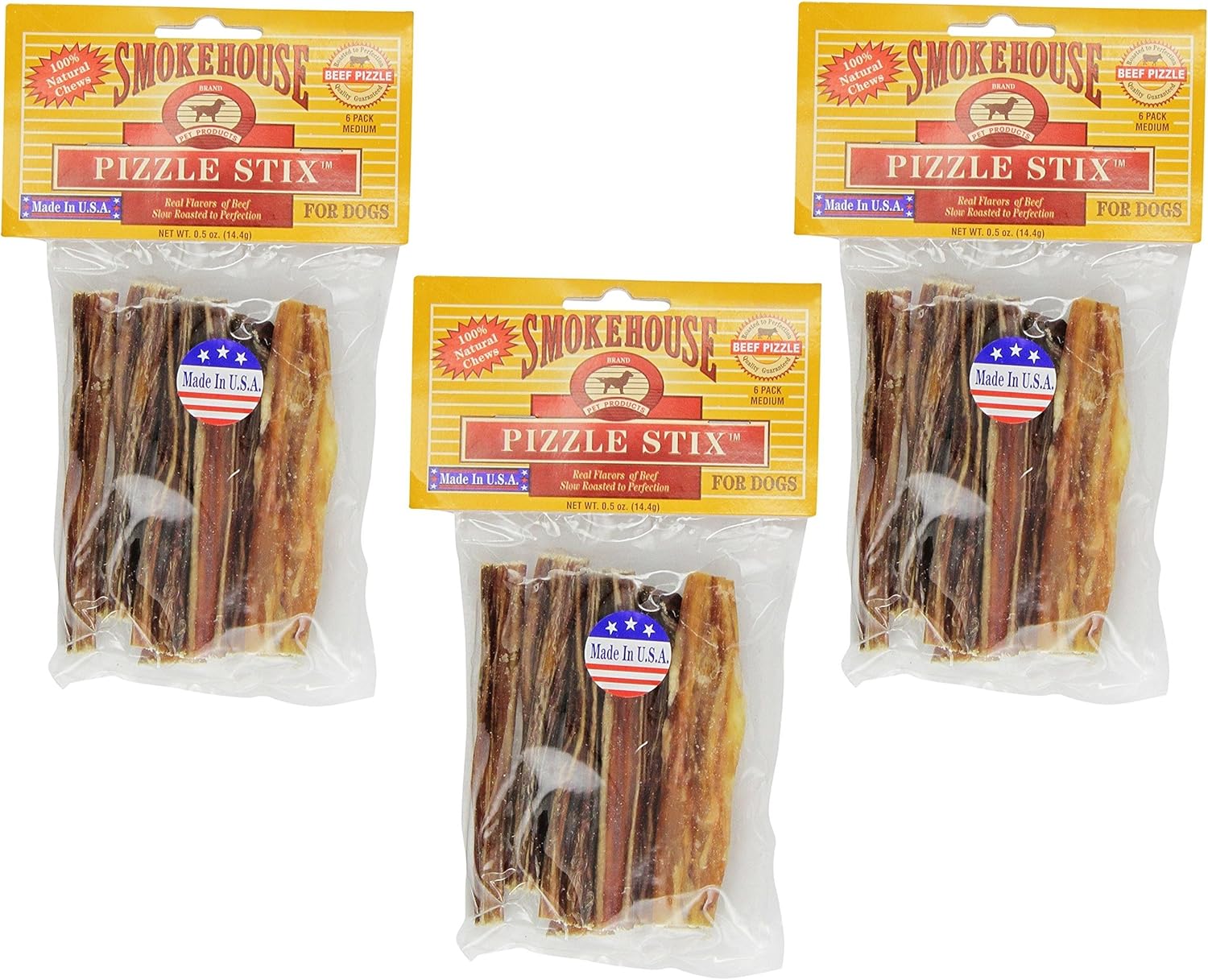 (3 Pack) Smoke House Beef Pizzle Treat for Dogs, 4-Inch - 18 Pizzle Sticks Total