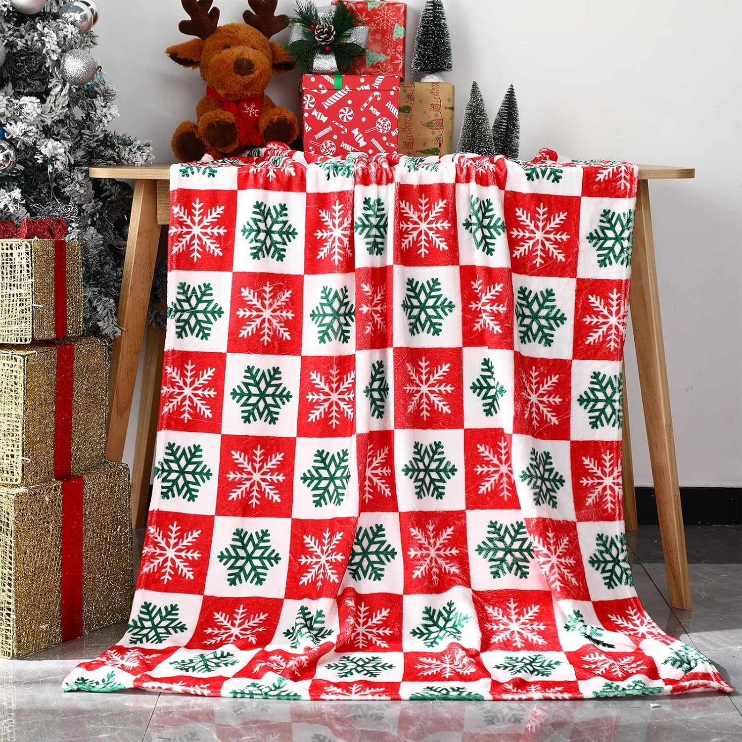 Buryeah 12 Pack 59" x 40" Christmas Fleece Blankets Bulk for Homeless Winter Warm Flannel Soft Cozy Throw Blankets Printed Snowflake Deer Snowman for Home Bedding Couch Chair Gift(Classic Style)