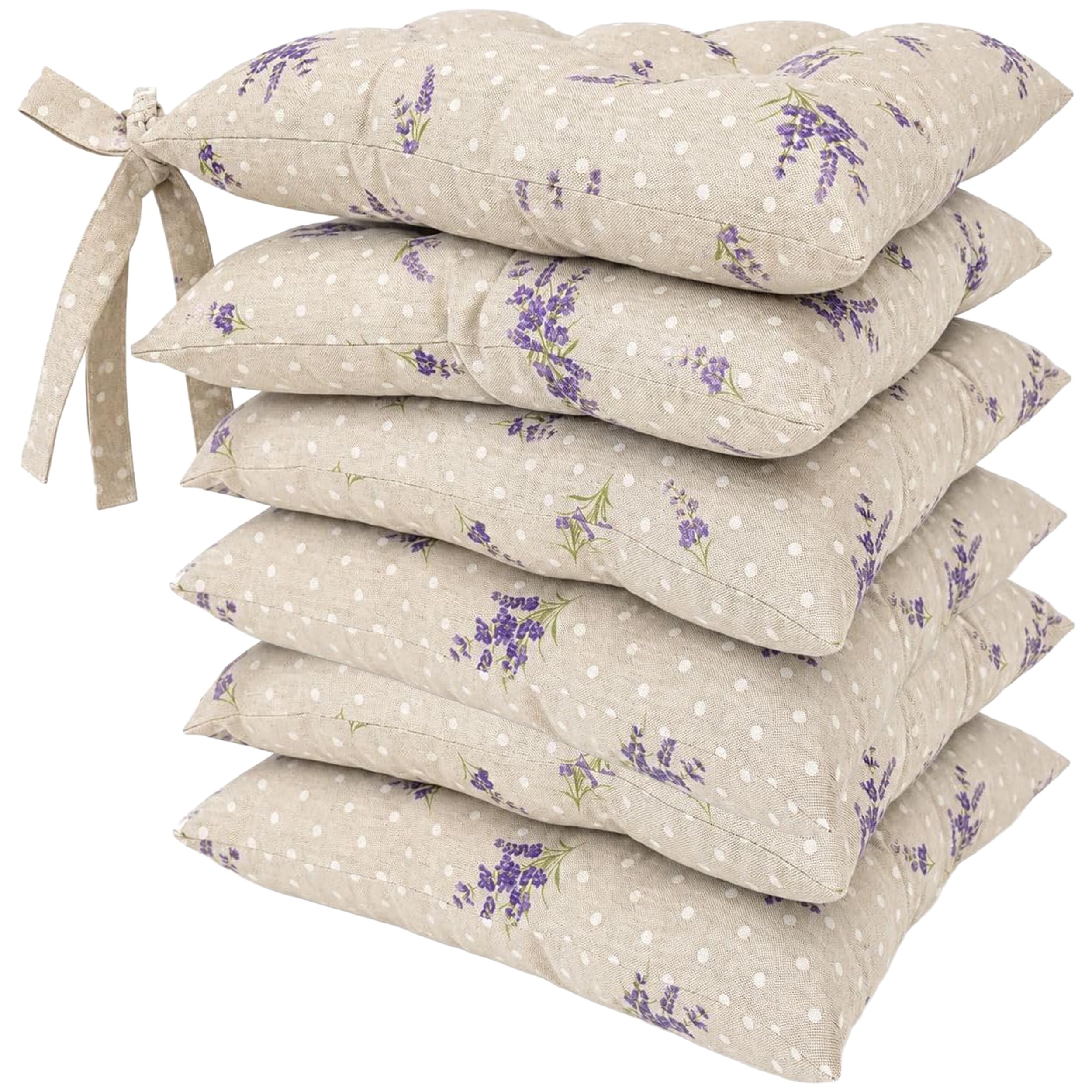 Cuscini Sedie Cucina Set da 4 o 6, Cuscini per Sedie, 40x40 cm, Coprisedia con Laccetti, 100% Cotone, Copri Sedia da Cucina Trapuntati al Centro, Made in Italy (6 Beige Lavanda)