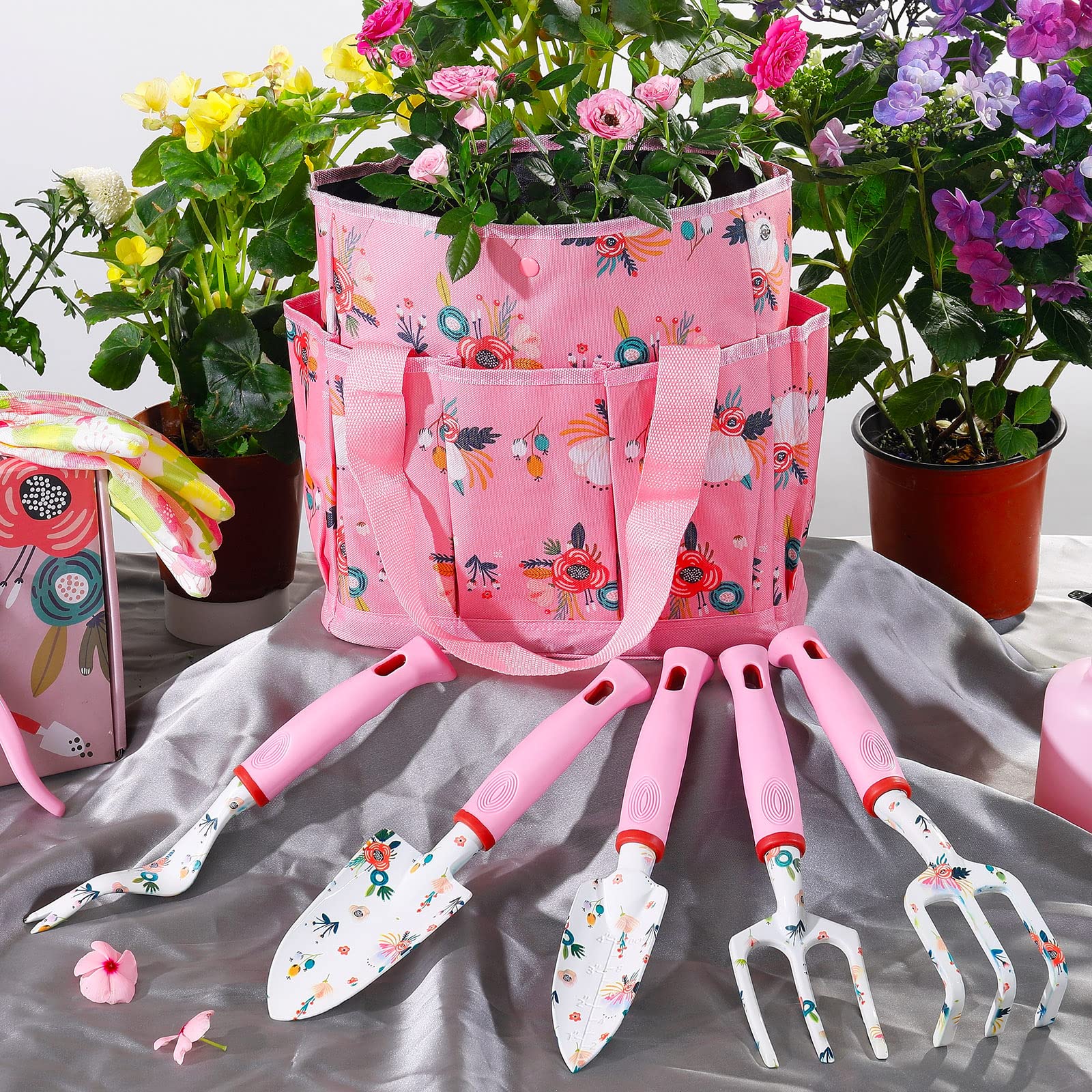 Garden Tools Set,Heavy Duty Gardening Tools for Gardener,Gardening Gifts for Women,with Storage Tote Bag,Sleeves,Gloves,Trowel,Transplanter,Rake,Weeder,Cultivator,Pruner,Succulent Hand Tools,Pink