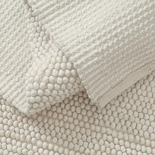 Handwoven Wool Cotton Blend Area Rug 8x10', Textured Popcorn Braided Ivory Rug, Soft Thick Farmhouse Contemporary Living