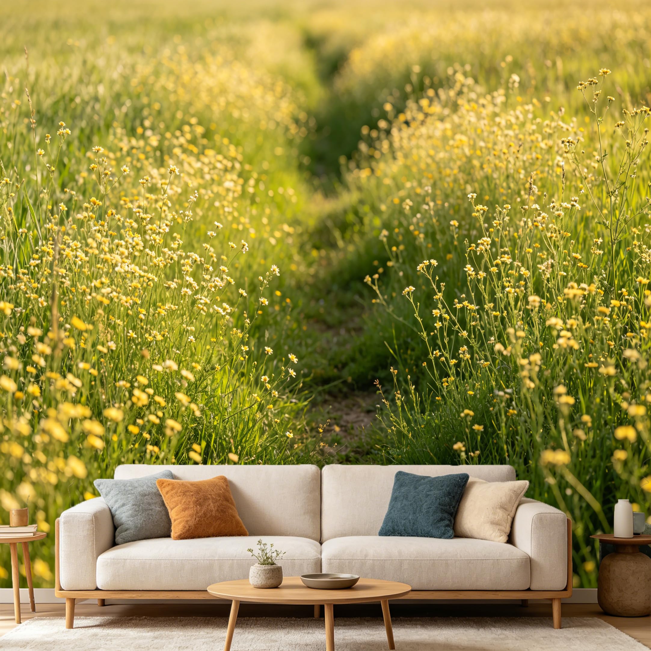 Custom Size Wall Mural Botanical Nature Landscape Yellow Meadow Wildflowers Path SelfAdhesive Art Prints wall Fabric (No PVC) Removable Wallpaper Home Bedroom Decor