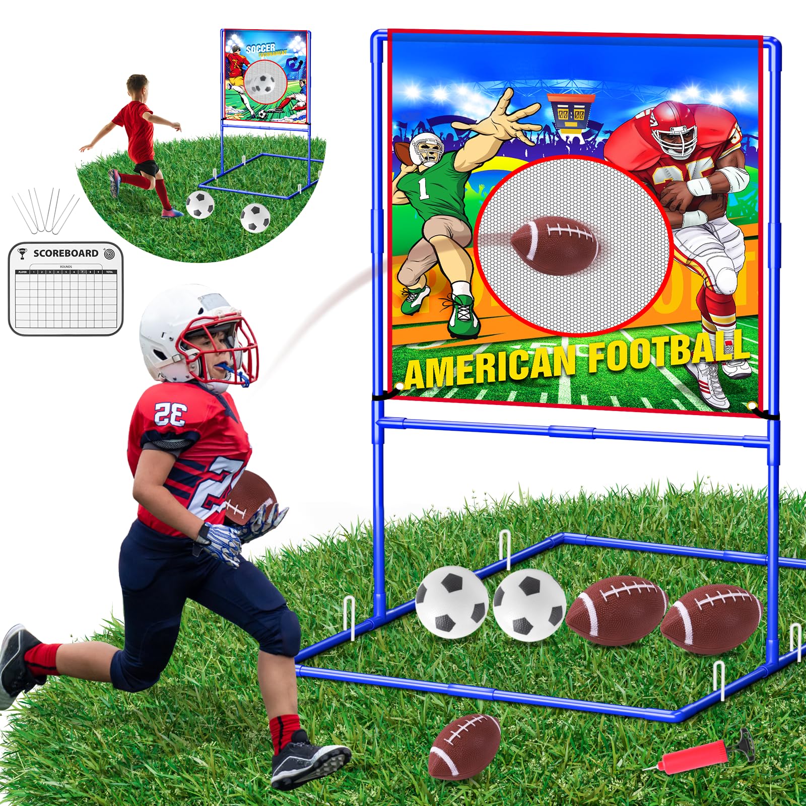 VATOS 2 in 1 Football Toss Target Games and Soccer Toy for Kids, Throwing Target Double-Sided Goal with 2 Inflatable Footballs & 2 Soccer Balls, Indoor Outdoor Back to School Activity Toy Gift