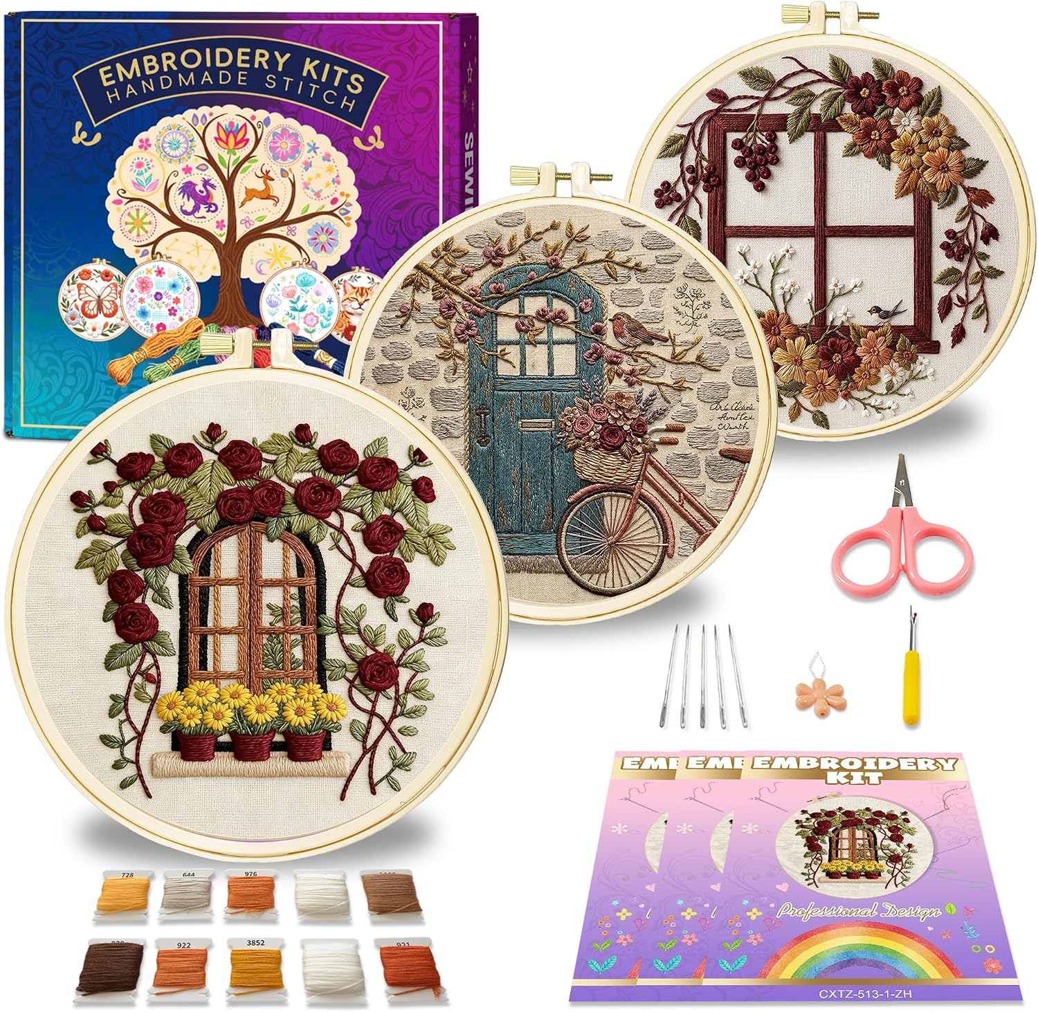 Huacan Embroidery Kit for Adults Beginner - Embroidery Kits for Adults Beginner 3 Pcs Vintage Pattern with 3 Hoops, Hand Stitching Kit Art Craft, DIY Sewing Kit with Box 7.9 x 7.9 Inch