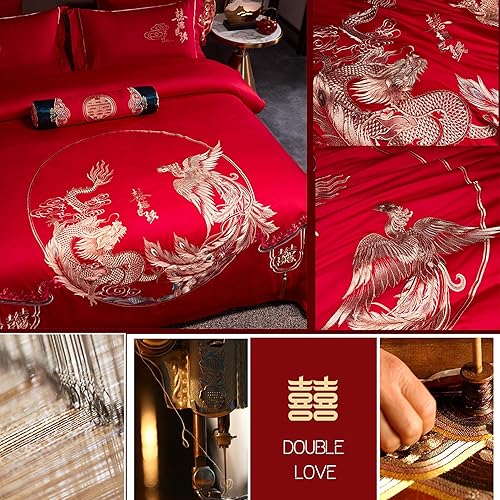 Miniatura 46 de Luxury Double Happiness Dragon and Phoenix Bird Embroidery Chinese Wedding Red Bedding Set King Queen Size 100% Cotton Embroider Red Wedding Duvet