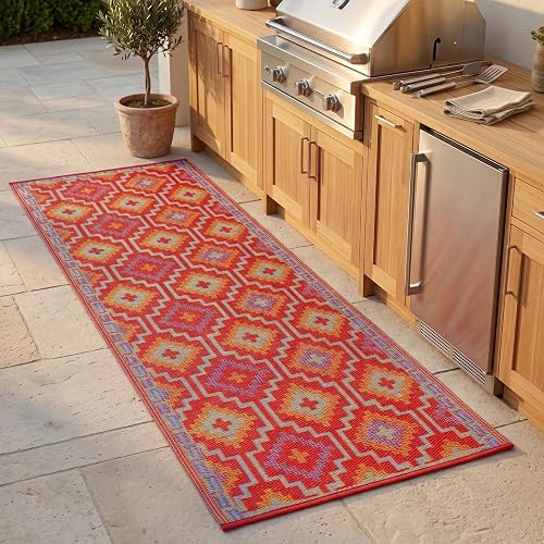 Fab Habitat Outdoor Rug - Waterproof, Fade Resistant, Crease-Free - Premium Recycled Plastic - Vintage Kilim - Porch, Deck, Balcony, Hallway, Poolside - Lhasa - Orange & Violet - 2.5 x 8 ft Runner
