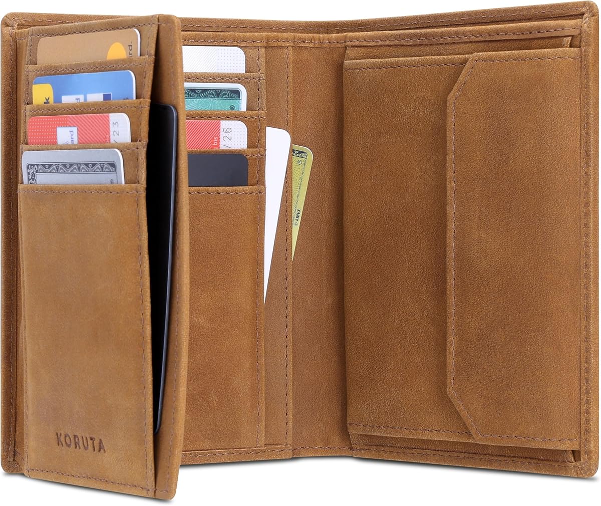 KORUTA® Men's Leather Wallet with RFID Protection, Large Wallet with Coin Compartment, 13 Compartments, Genuine Leather Wallet for Men, Wallet, Brown vintage, Hochformat, Modern : Amazon.de: Fashion