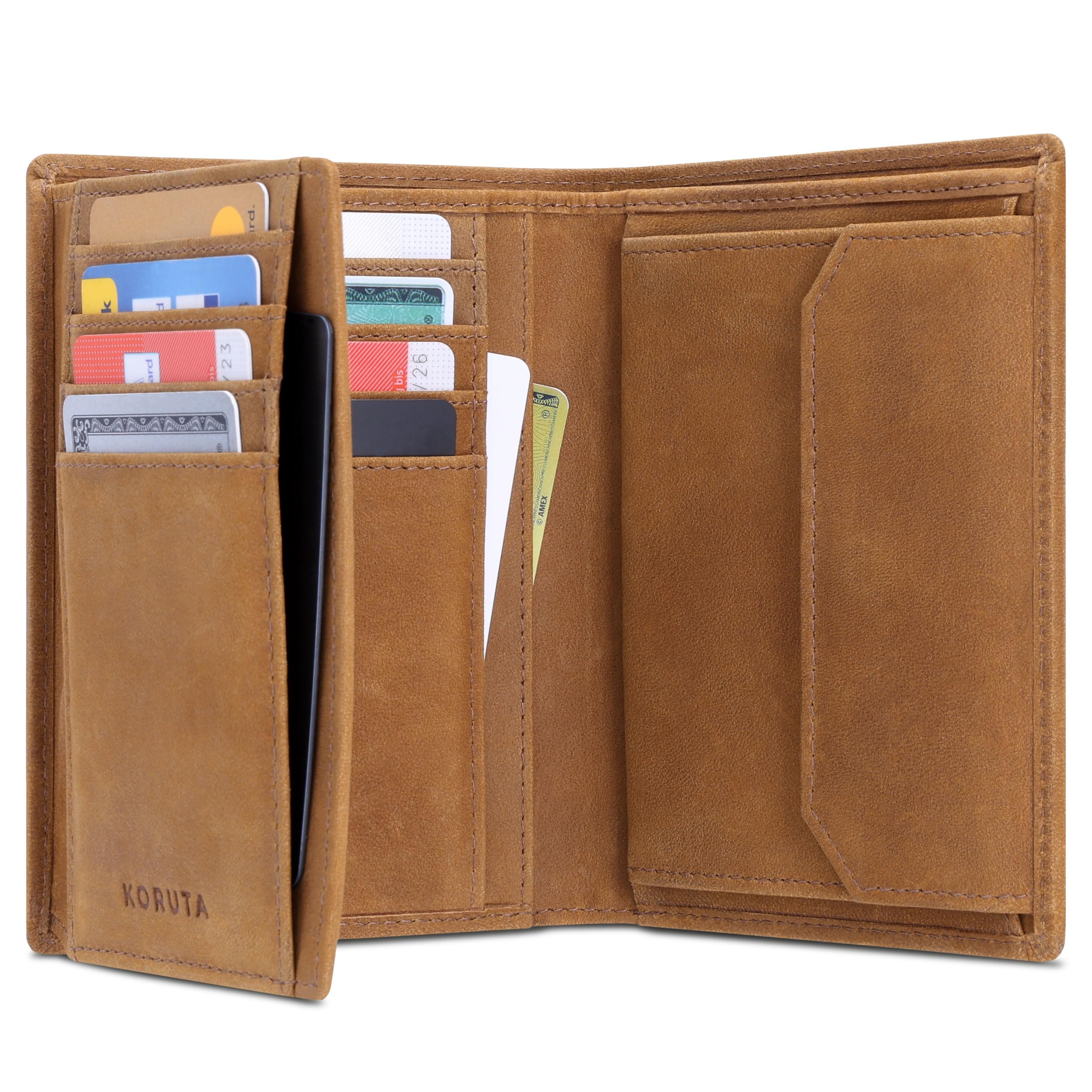 KORUTA Leder Geldbörse Herren mit RFID Schutz I Portemonnaie Groß mit Münzfach I 13 Fächer I Echtleder Geldbeutel für Männer I Brieftasche Wallet Portmonee Braun Vintage