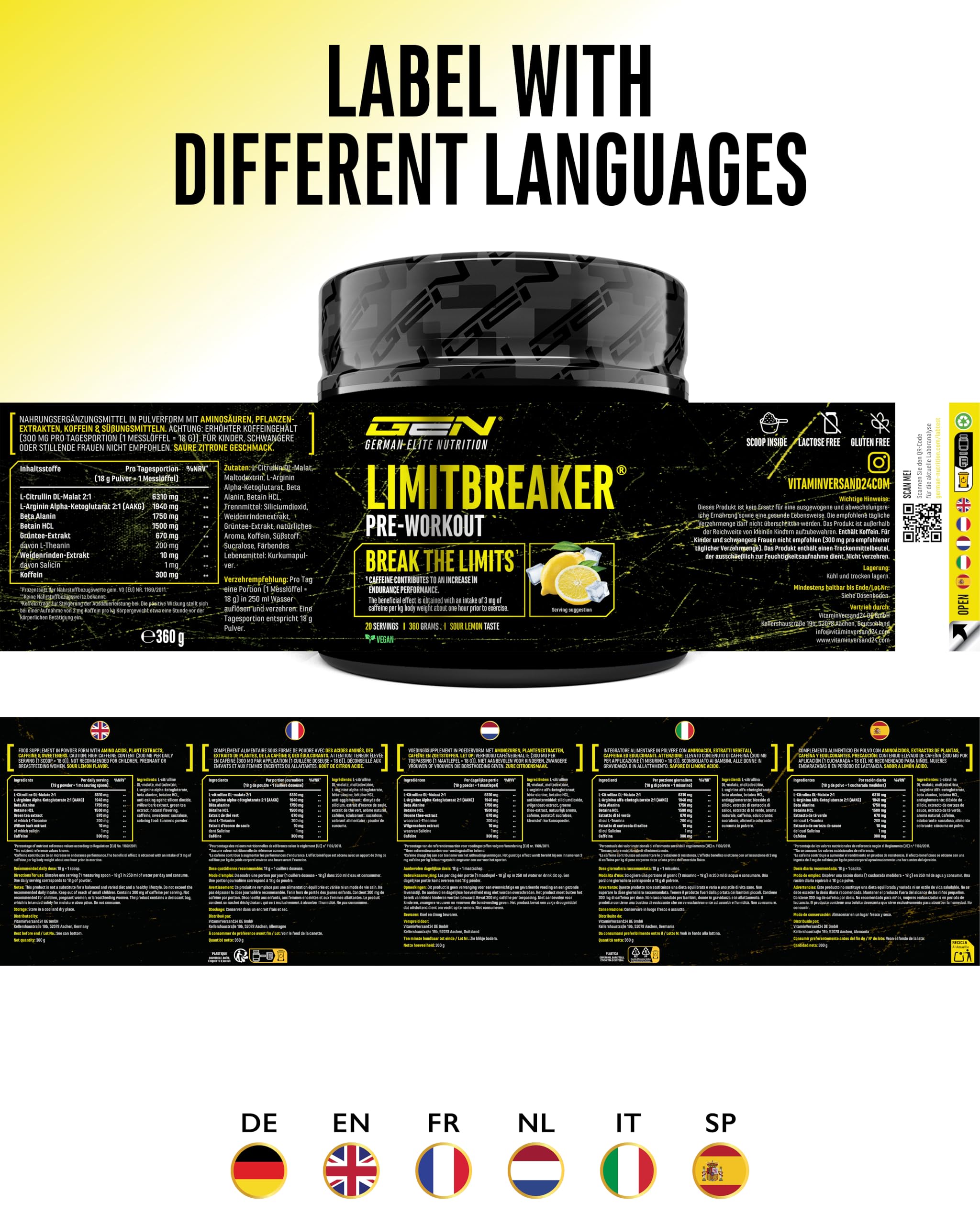 GEN GERMAN ELITE NUTRITION LIMITBREAKER® Pre Workout Booster - 360 g | 300 mg Koffein, mit L-Citrullin, AAKG, Beta Alanin & L-Theanin, hochdisiert, 20 Portionen, Saurer Zitronen Geschmack