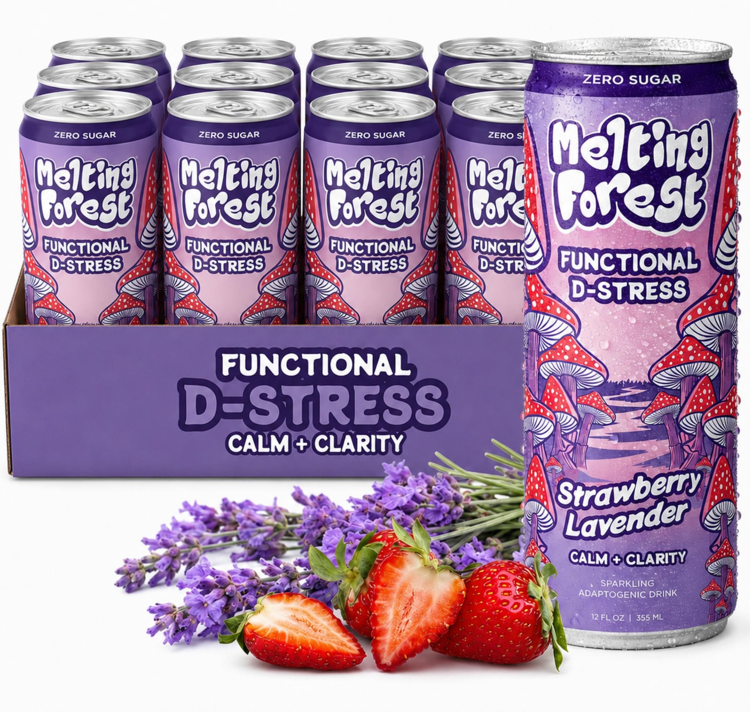Melting Forest Mushroom D-Stress, Sparkling Adaptogen Drink with L-Theanine, Lion's Mane and Vitamin B, Zero Sugar, 5 Calories, Strawberry Lavender (12-Pack)