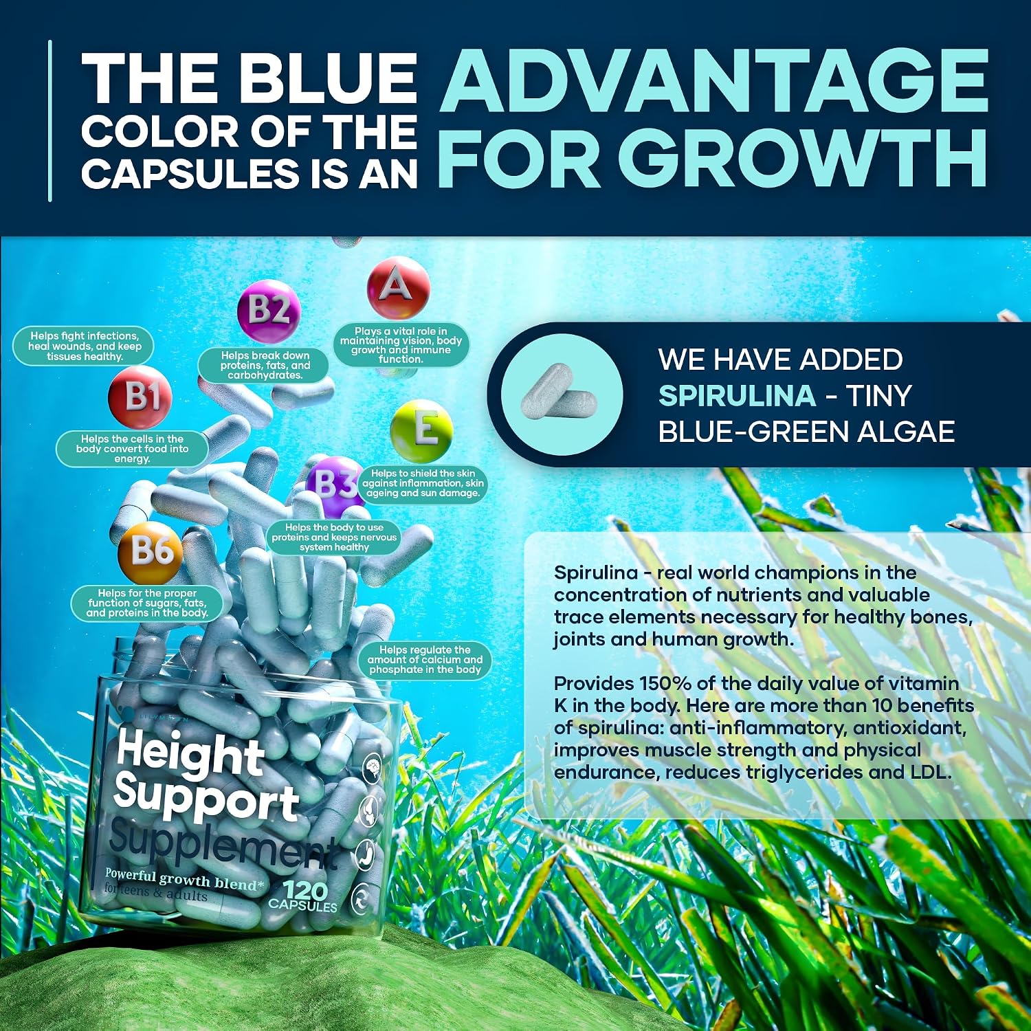 Height & Bone Support Supplement - Premium Height Growth Supplement for Kids & Teens with Calcium - Nutritional Support Bone Health Formula - Height Increase Essential Vitamins - 120 Caps