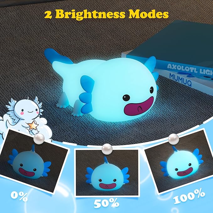 MUMUQ Axolotl Night Light, LED Cute Silicone Nursery Nightlight for Kids, Dimmable Squishy Night Light Rechargeable Touch Bedside Lamp with 20 Minutes Timer, Axolotl Gift, Funny Decor, Blue photo 2