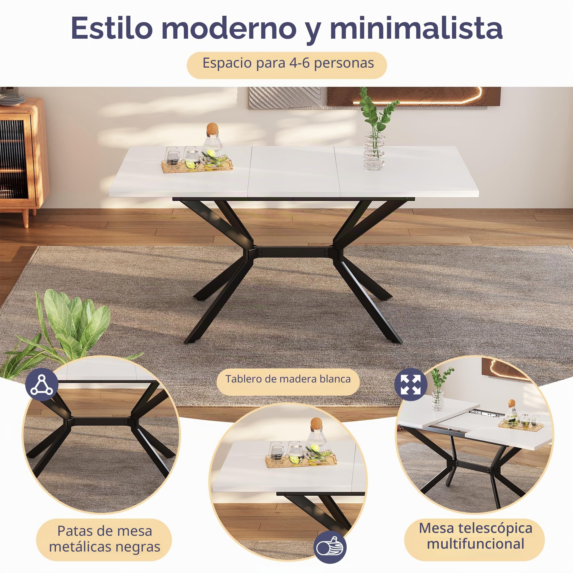 Soweiz Mesa de comedor extensible blanca de 120/160 x 80 x 75 (cm), patas de metal negro, mesa de comedor rectangular blanca, adecuada para cuatro a seis personas