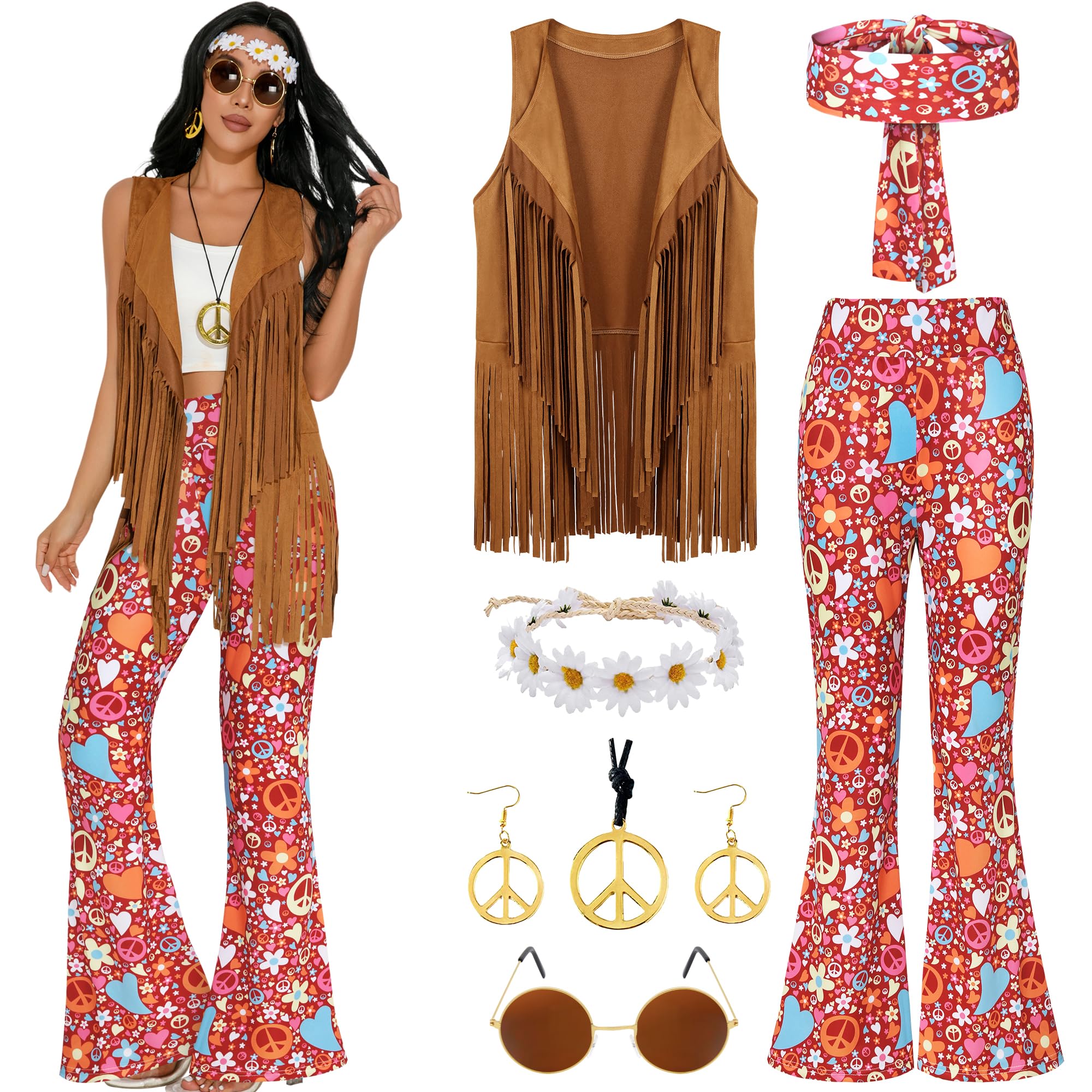 GERVAISE Womens 60s 70s Outfit Disco Hippie Costume Fringe Vest Boho Pants Accessories Set