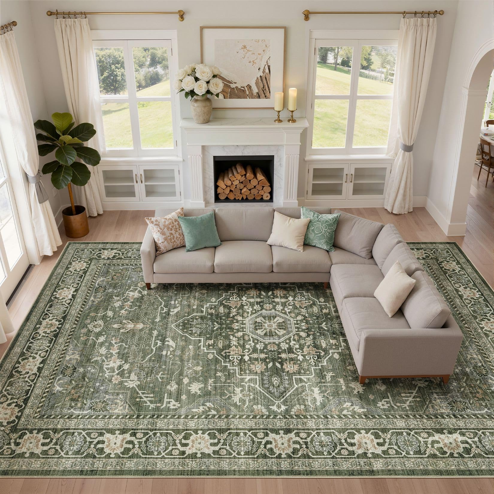 LOONGRUG 10x12 Area Rug Washable Vintage Boho Living Room Rug Dark Green