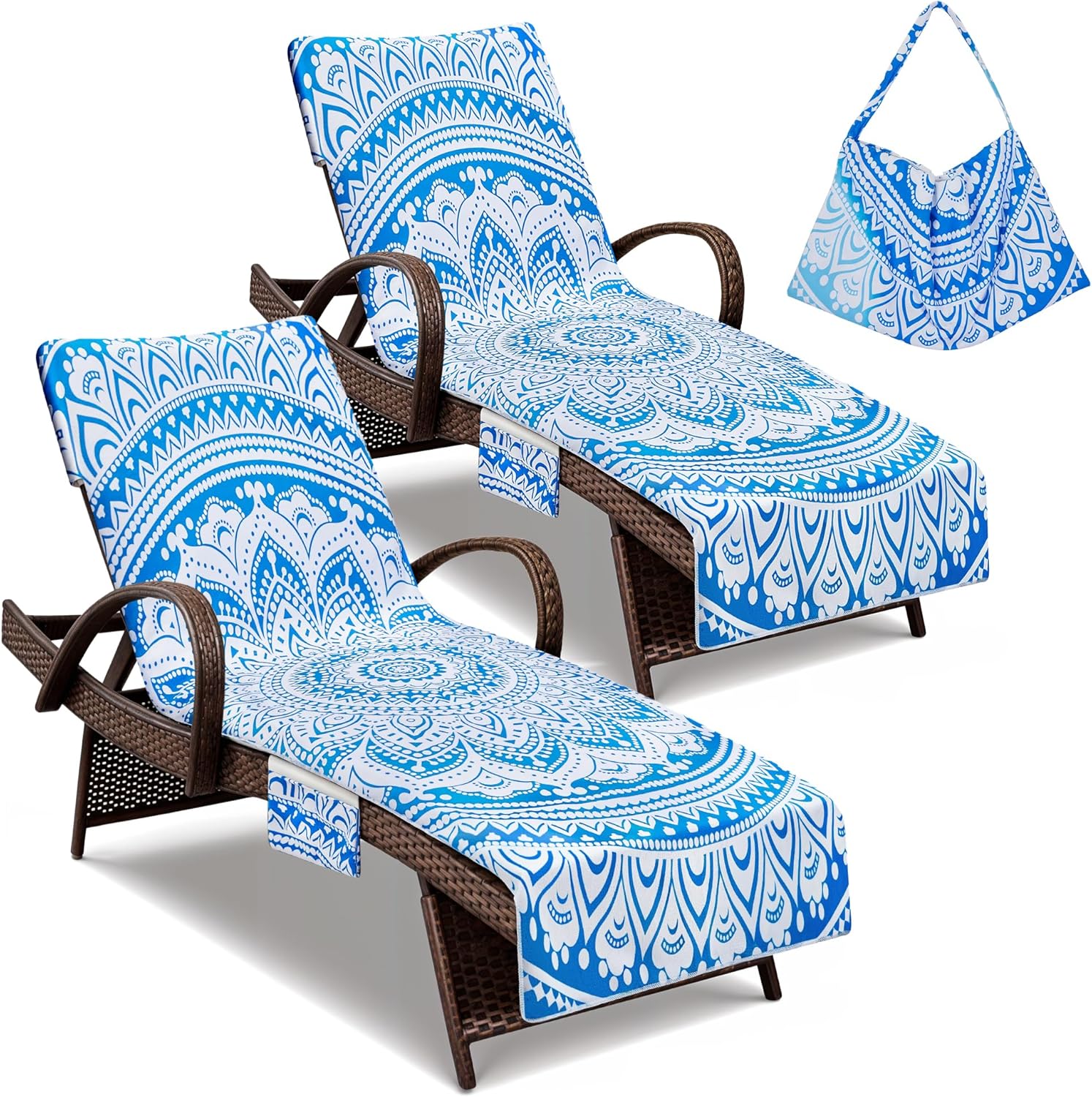Lounge Chair Towel Covers, 2 Pack Outdoor Chaise Lounge Slipcover, 83" X 29" Stripe Microfiber Beach Chair Cover, Soft Absorbent Chaise Cover with Pockets for Pool Garden Patio, Sky Blue