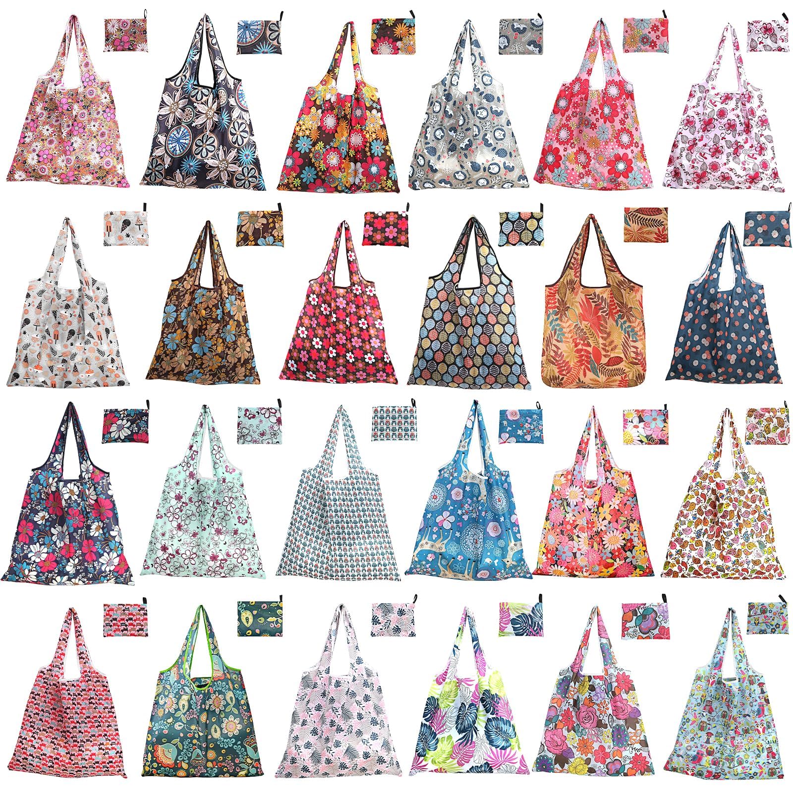 Lot de 24 Sacs Shopping Pliables Réutilisables, Grands Cabas Étanches et Lavables avec Pochette, Sacs Écologiques pour Femmes, Courses, Voyage et Activités en Plein Air - Motifs Floraux