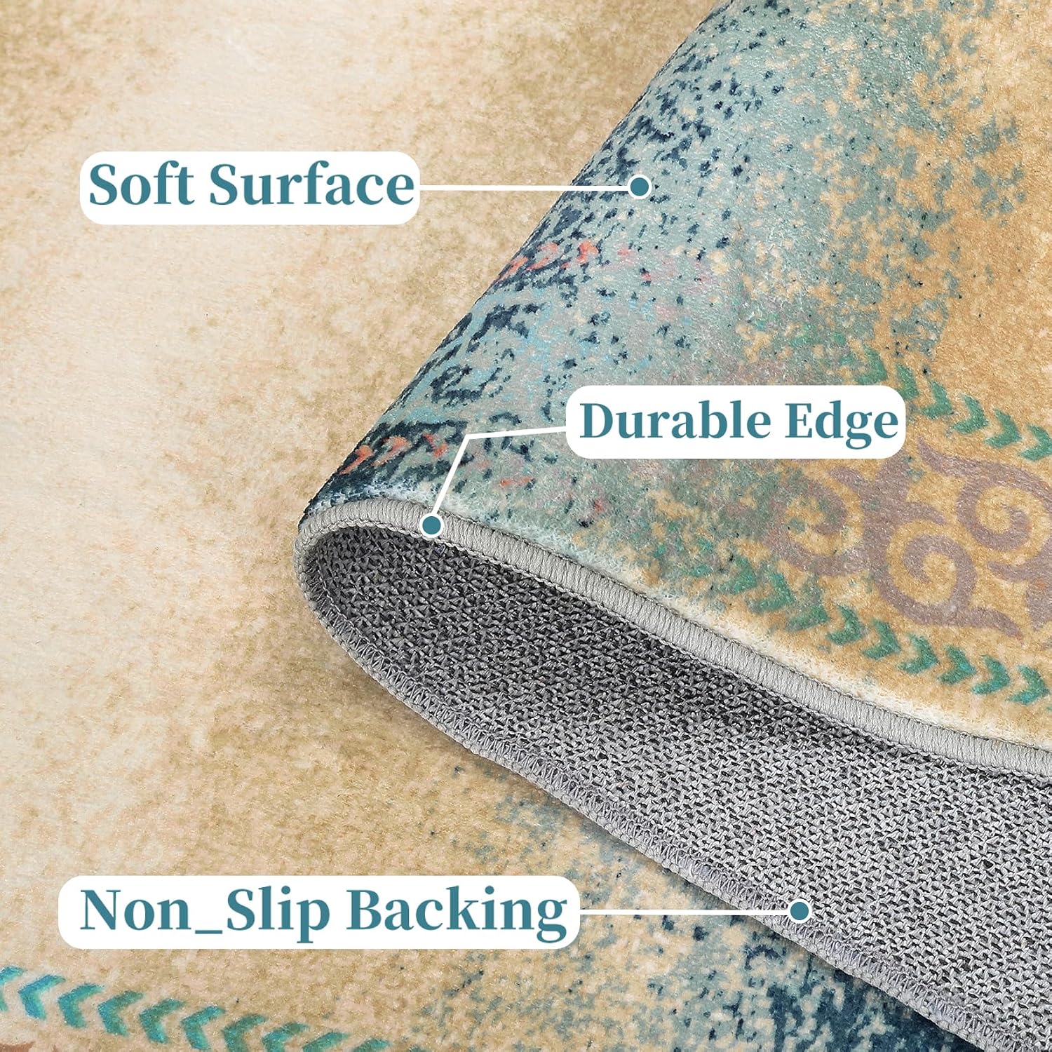 Modern Area Rug 9x12, Blue/Beige, Soft, Non Slip, Machine Washable, Floral Bordered