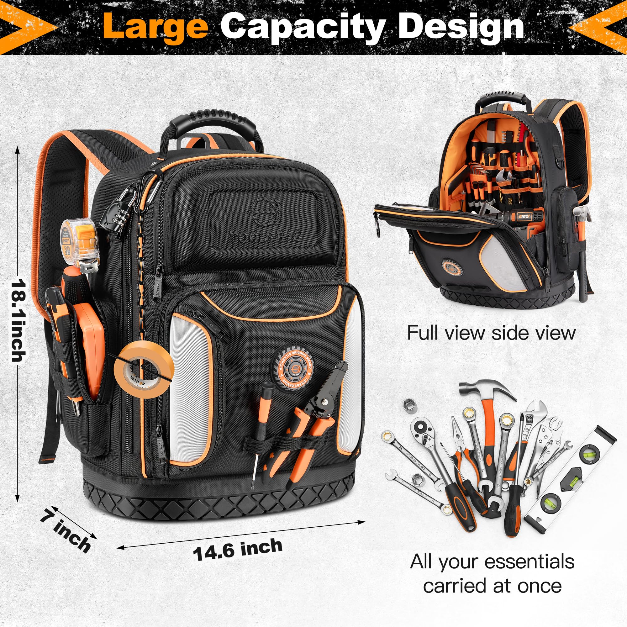 Tool Bag Backpack, 75 Pockets & Loops Heavy Duty Tools Organizer