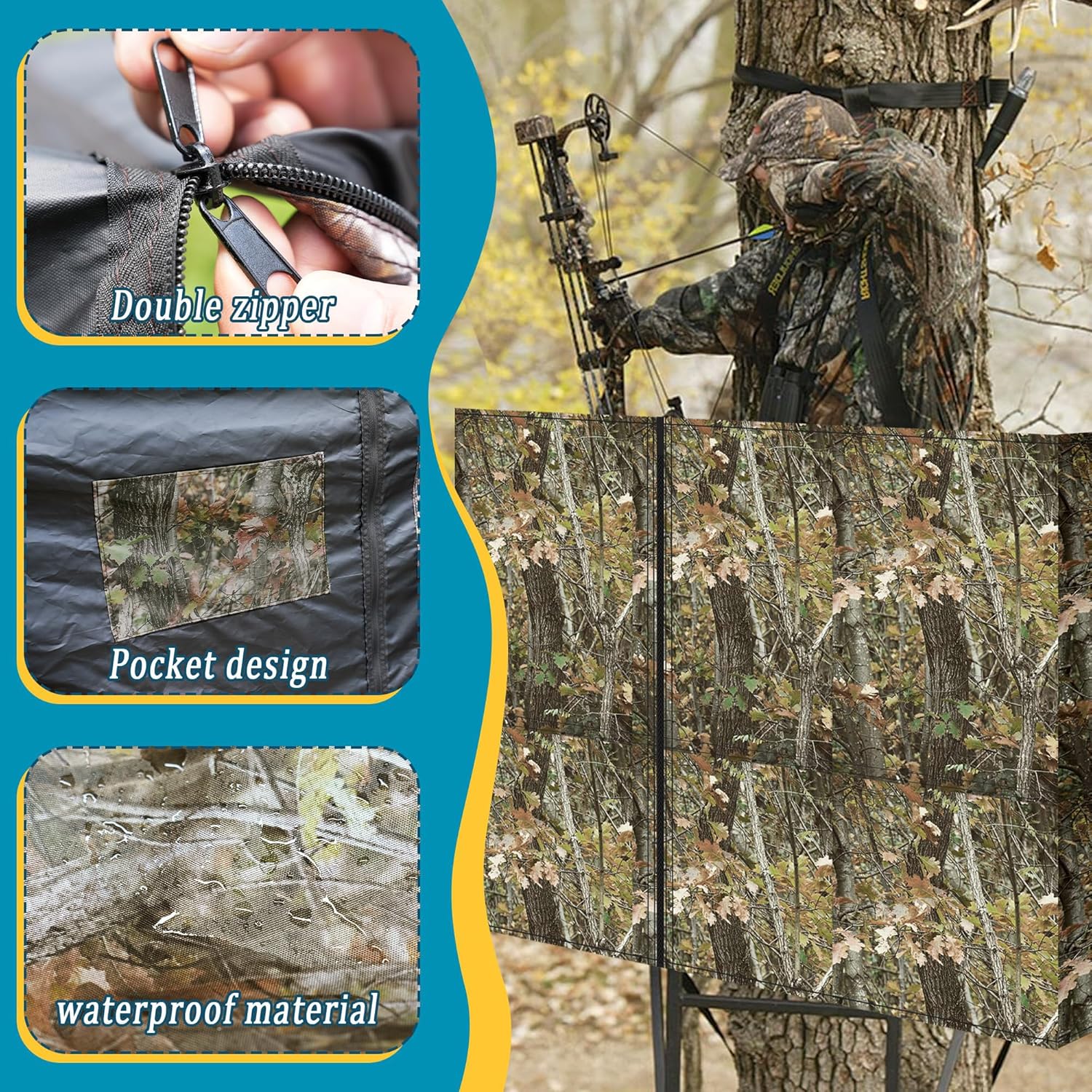 Hunting Tree Stand Blinds for Deer Hunting Universal Camo Tree Ladder Stand Blind Kit with Zipper and 2 Pockets Tree Stand Cover for Hunting Deer, Elk, Hunting Blind & Accessories
