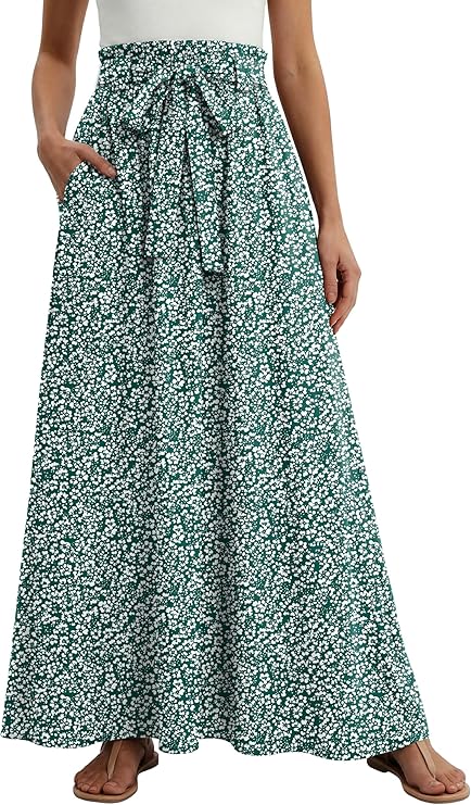 Lepunuo Women Flowy Maxi Skirts Paper Bag High Waisted Long Skirts with Pockets Summer Casual Tie Waist A-Line