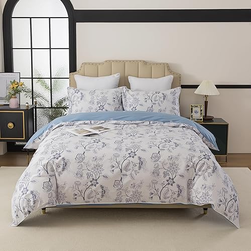 Miniatura 16 de FADFAY Juego de funda de edredón floral 100% algodón a rayas verdes y beige, ropa de cama de flores desgastadas con diseño de ramas botánicas