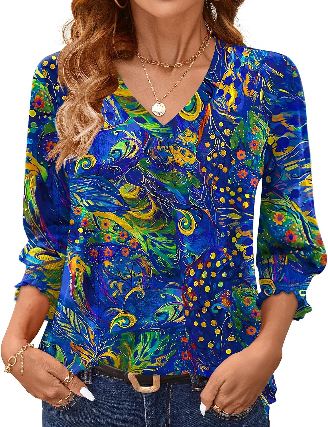 AKEWEI 3/4 Length Sleeve Womens Tops Summer Fashion V Neck Business Casual Blouses Smocked Shirts