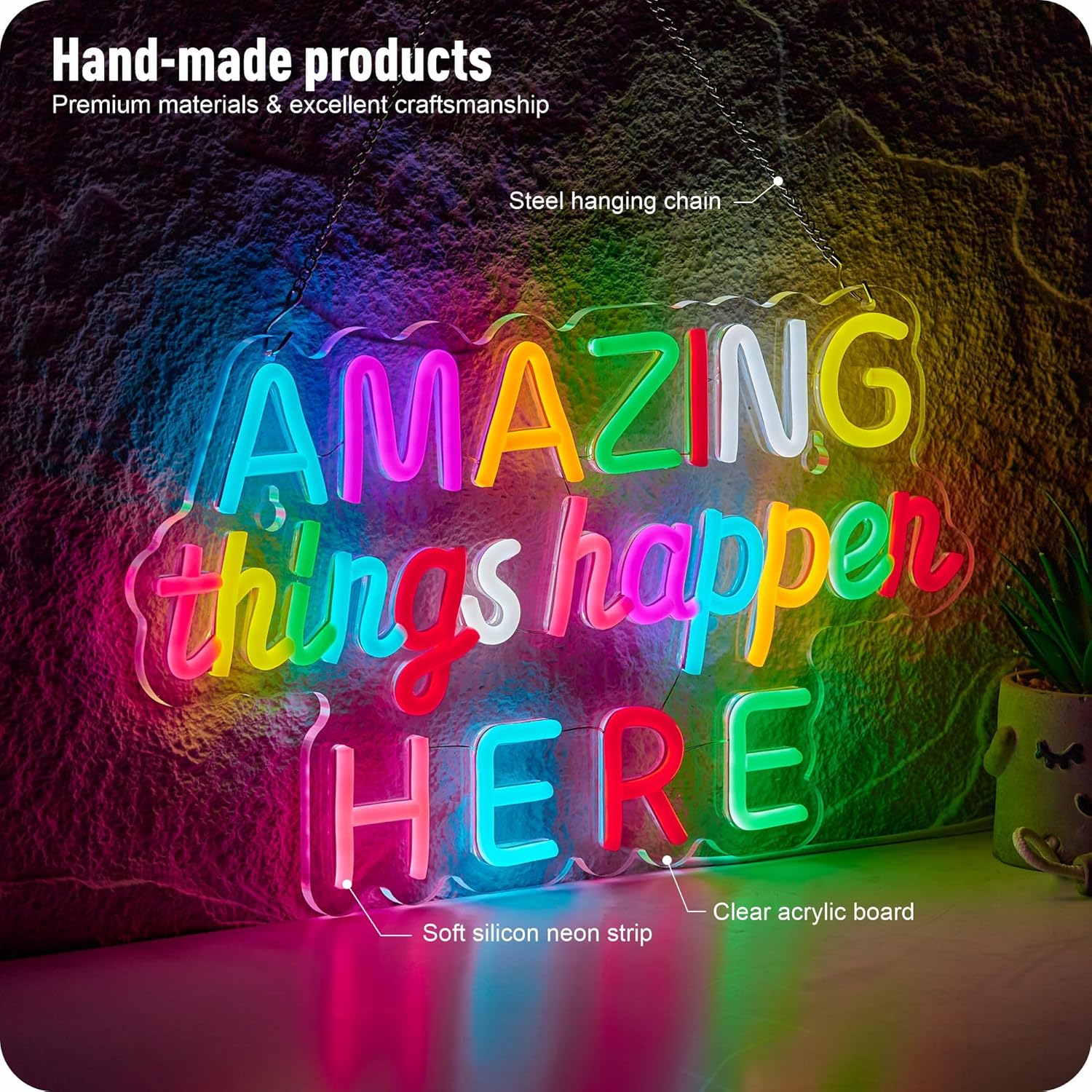 Amazing Things Happen Here Neon Sign, Positive Affirmation LED Light for Wall Decor Multicolored Light Up Signs for Classroom Kindergarten Wedding Party Store Home, Compatible with Timer