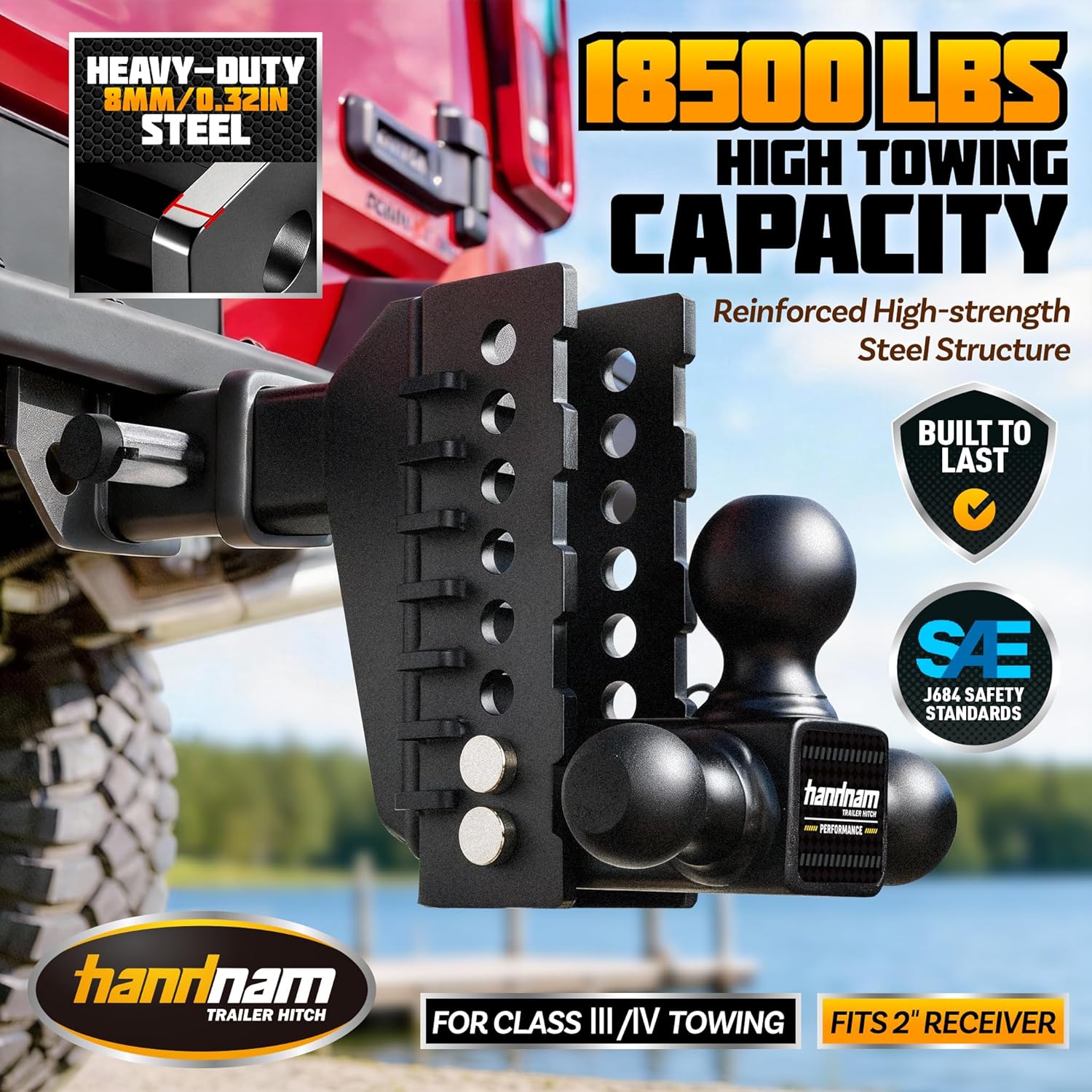 Drop Hitch Adjustable Trailer Hitch, Tow Hitch with 6-Inch Drop/Rise for Truck (18,500 LBS GTW), Adjustable Drop Hitch Fits 2-Inch Receiver, Trailer Hitches with Double Anti-Theft Pins Locks