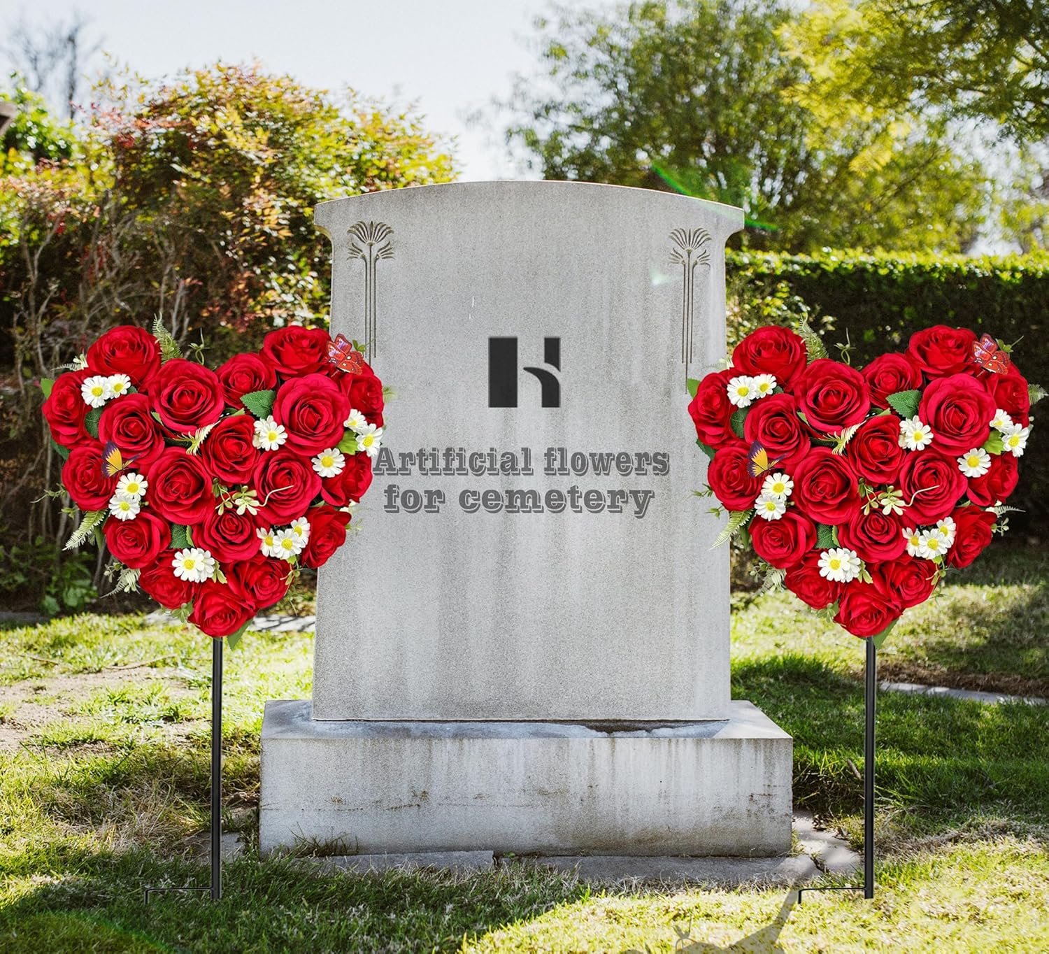Artificial Cemetery Flowers, Grave Memorial Flowers with Ground Spike,Heart Shaped Wreaths Rose Daisy for Gravesites Decoration（Red）