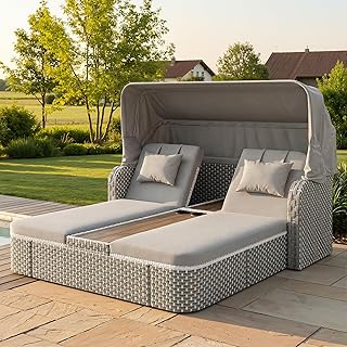 Kebnor Garten-Lounge-Set mit Sonnenschutz/Rattan-Insel-Sitzgruppe aus Polyrattan mit Pavillon/Wetterfeste Terassenmöbel inkl. Sofa, Hocker, Sessel & Tisch/Für Balkon & Garten/Beige/Grau (Grau)