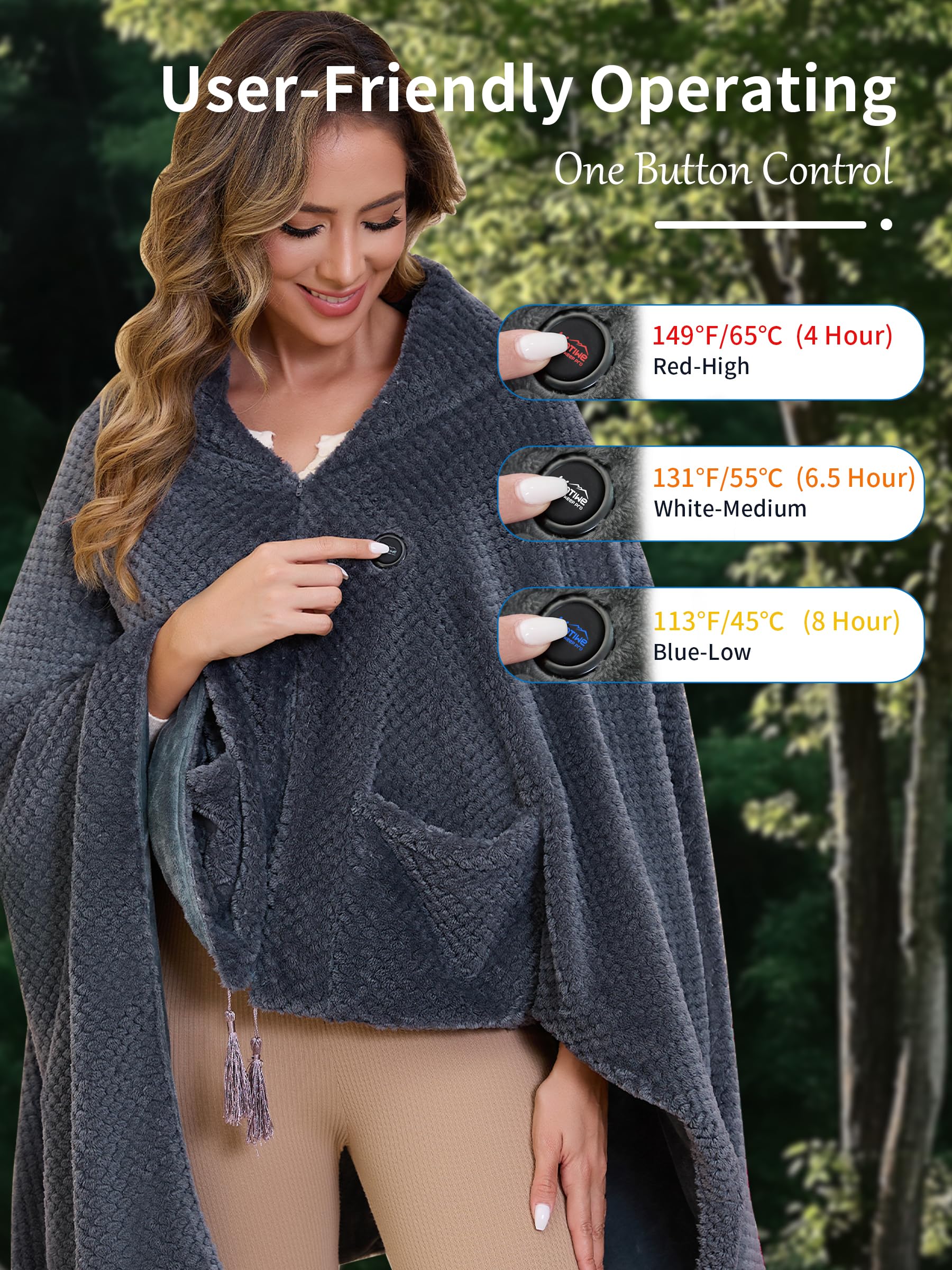 Manta Eléctrica con Batería 20000 mAh inalámbrica, Almohadilla Térmica Manta Eléctrica Espalda y Cuello con 4 Zonas de Calentamiento y 3 Niveles de Temperatura (Gris, 100 x 150 cm)