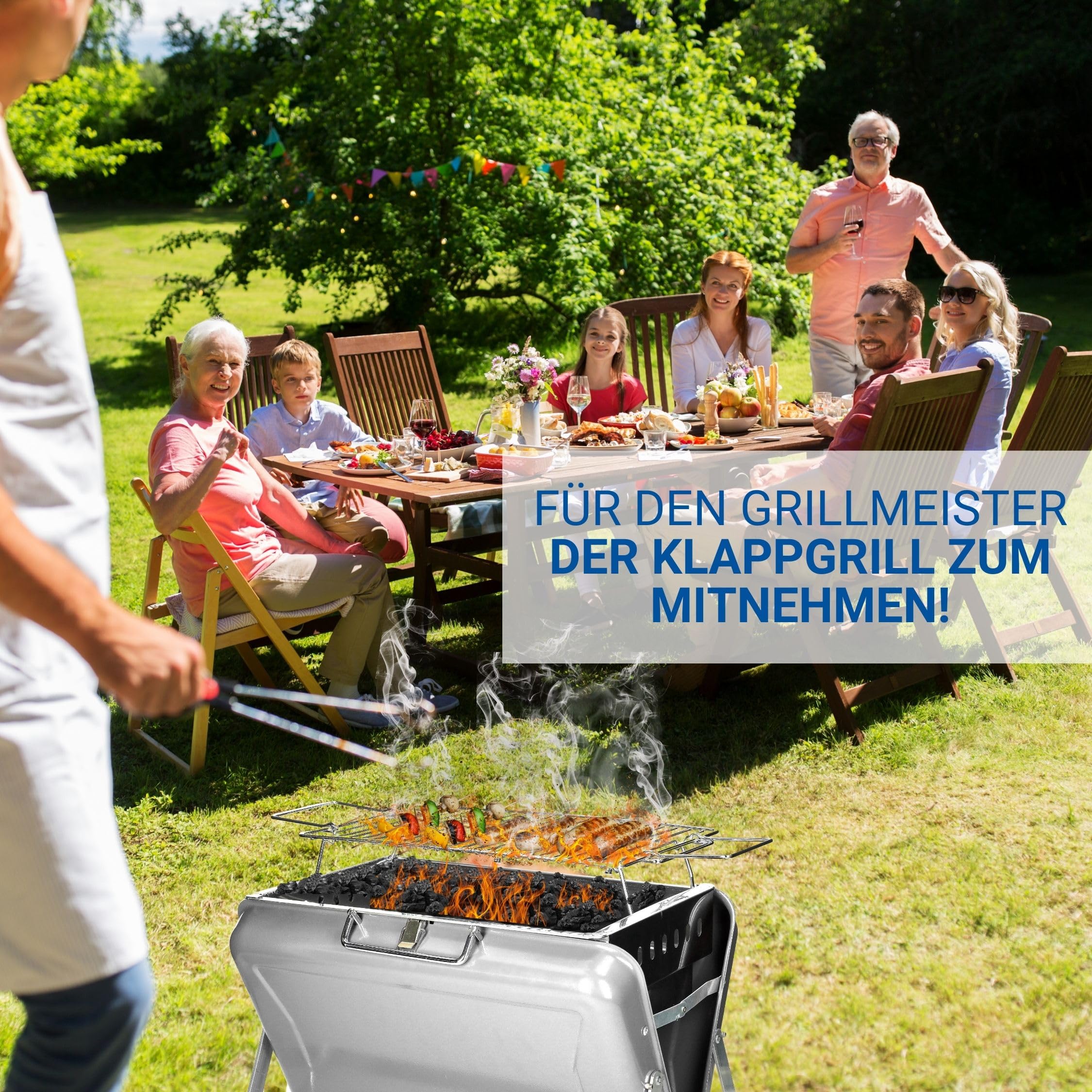 Barbacoa portátil de carbón vegetal 'Portable' – Barbacoa con asa y parrilla – Barbacoa de carbón para hasta 4 personas – Barbacoa móvil para viajes o en casa, color: plateado