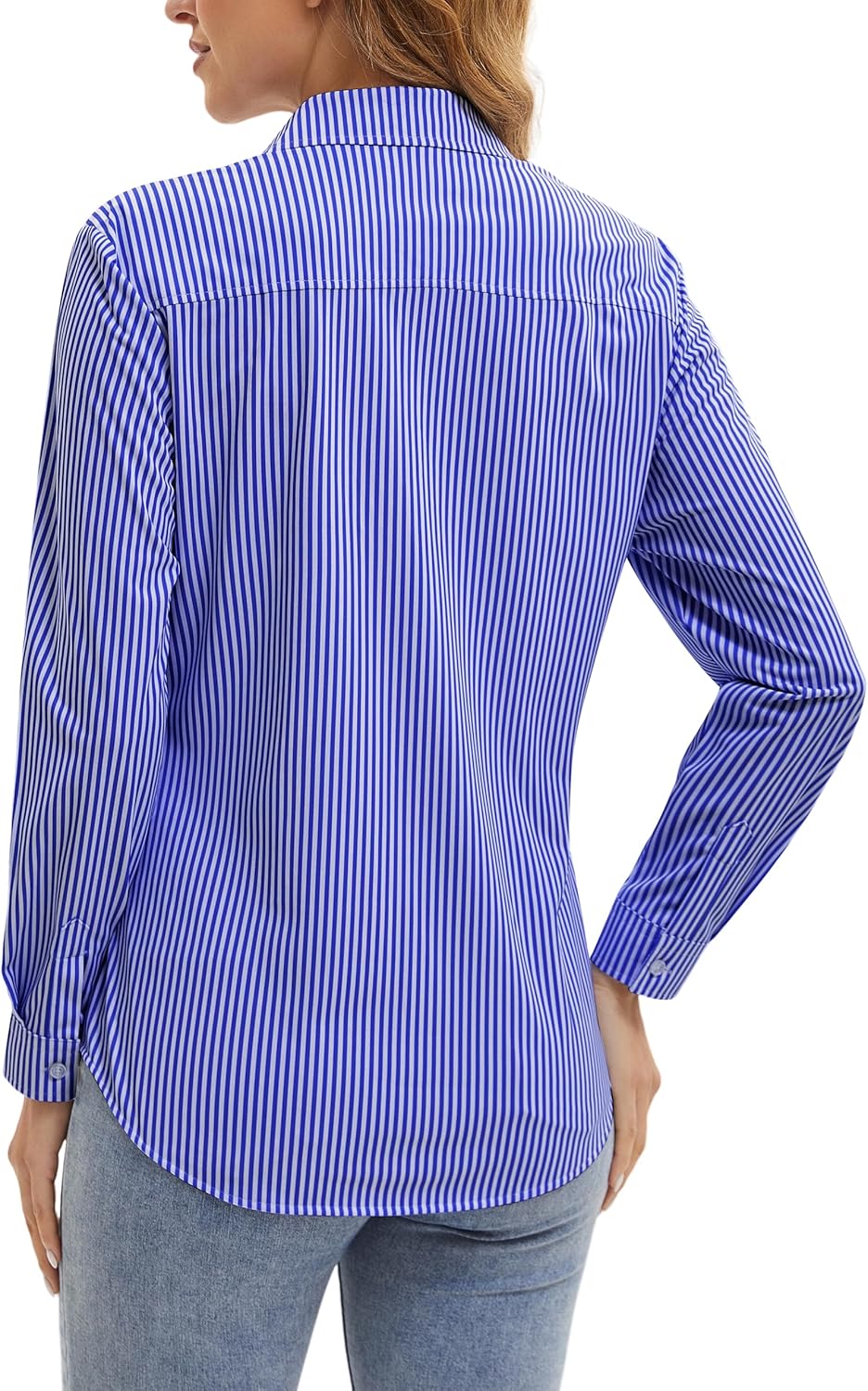 Wrinkle Free Striped Button Down Shirts Women Collared Long Sleeve Blouses Business Work Tops with Pocket - Image 3