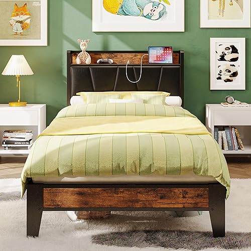 Miniatura 22 de LIKIMIO Armazón de cama completa, cabecera con almacenamiento y estación de carga, sólido y estable, sin ruido, no necesita somier, fácil montaje