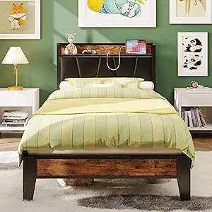 LIKIMIO Twin XL Bed Frames, Storage Headboard with Charging Station, Solid and Stable, Noise Free, No Box Spring Needed, Easy Assembly (Vintage and Black)