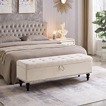 59" Upholstered Tufted Button Storage Ottoman with Nails Trim,Modern Linen End of Bed Bench,Comfortable Window Sitting,Elegant Shoe Bench for Entryway,Living Room,Bedroom,Beige