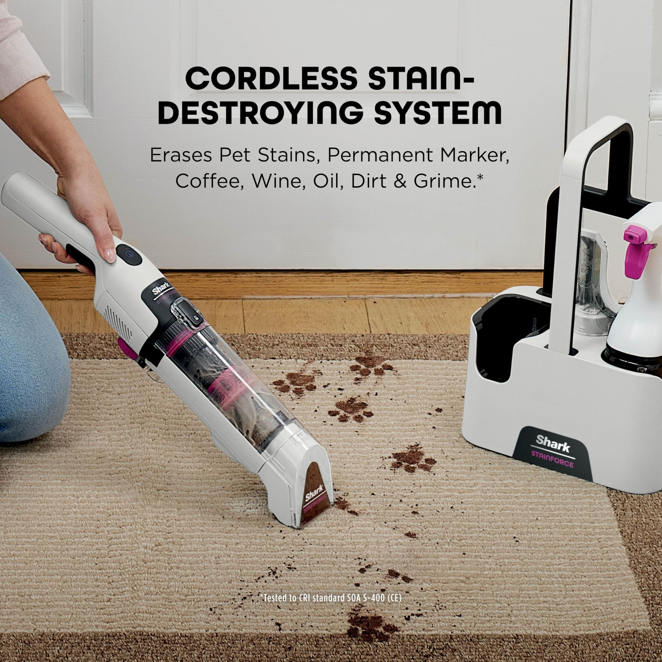 Shark StainForce Cordless Spot Cleaner Lightweight & Portable Spot, Stain, & Odour Eliminator for Carpets, Upholstery, Cars, with Storage Caddy, Accessories and 500ml Cleaning Solution, HX100UKT — view 3