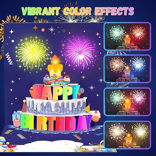 Miniatura 2 de Tarjeta de cumpleaños musical emergente en 3D con pastel de fuegos artificiales y canción de feliz cumpleaños, tarjeta de regalo con sobre y tarjeta
