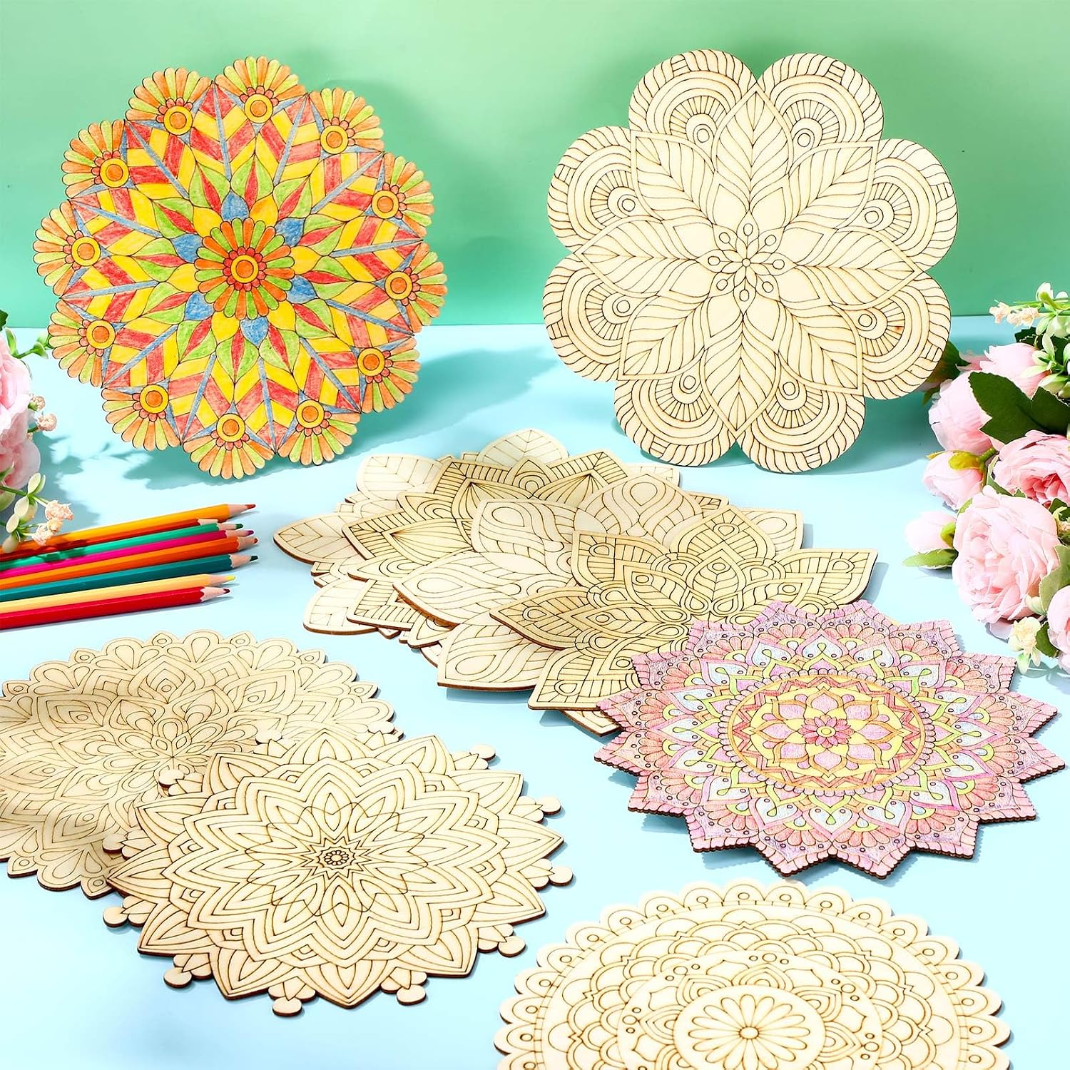 Vercraft 28 Pcs Wooden Mandala Painting Set Diwali Crafts Include 10 Unfinished Wood Cutouts with 18 Colored Pencil for Making Kit Mandala Crafts for Painting DIY Home Decors(Floral Style)